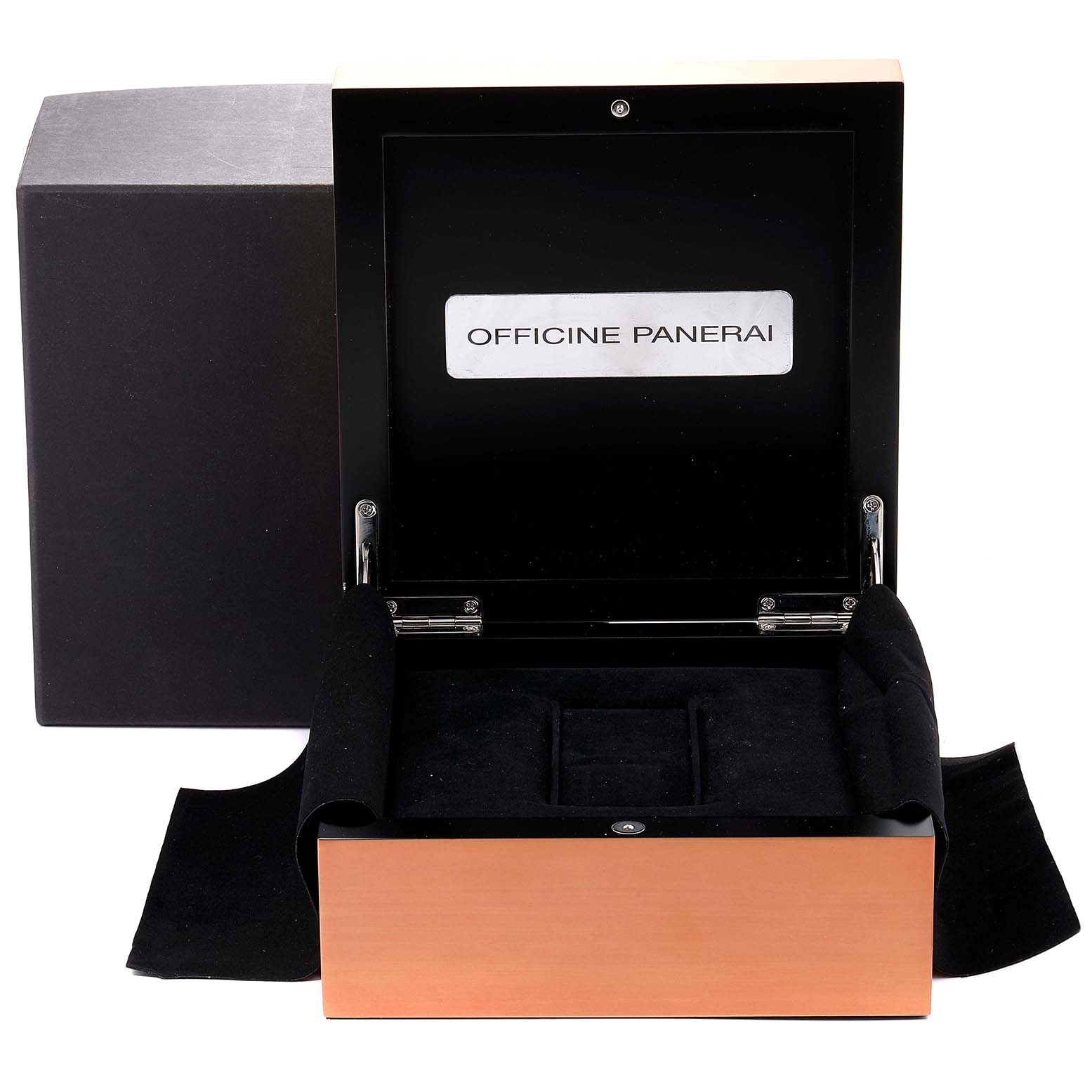 The image shows an open watch box for a Panerai Luminor PAM00048 Men
s Stainless Steel Black Dial PAM00048 Men
s Stainless Steel Black Dial model, highlighting the interior and lid.