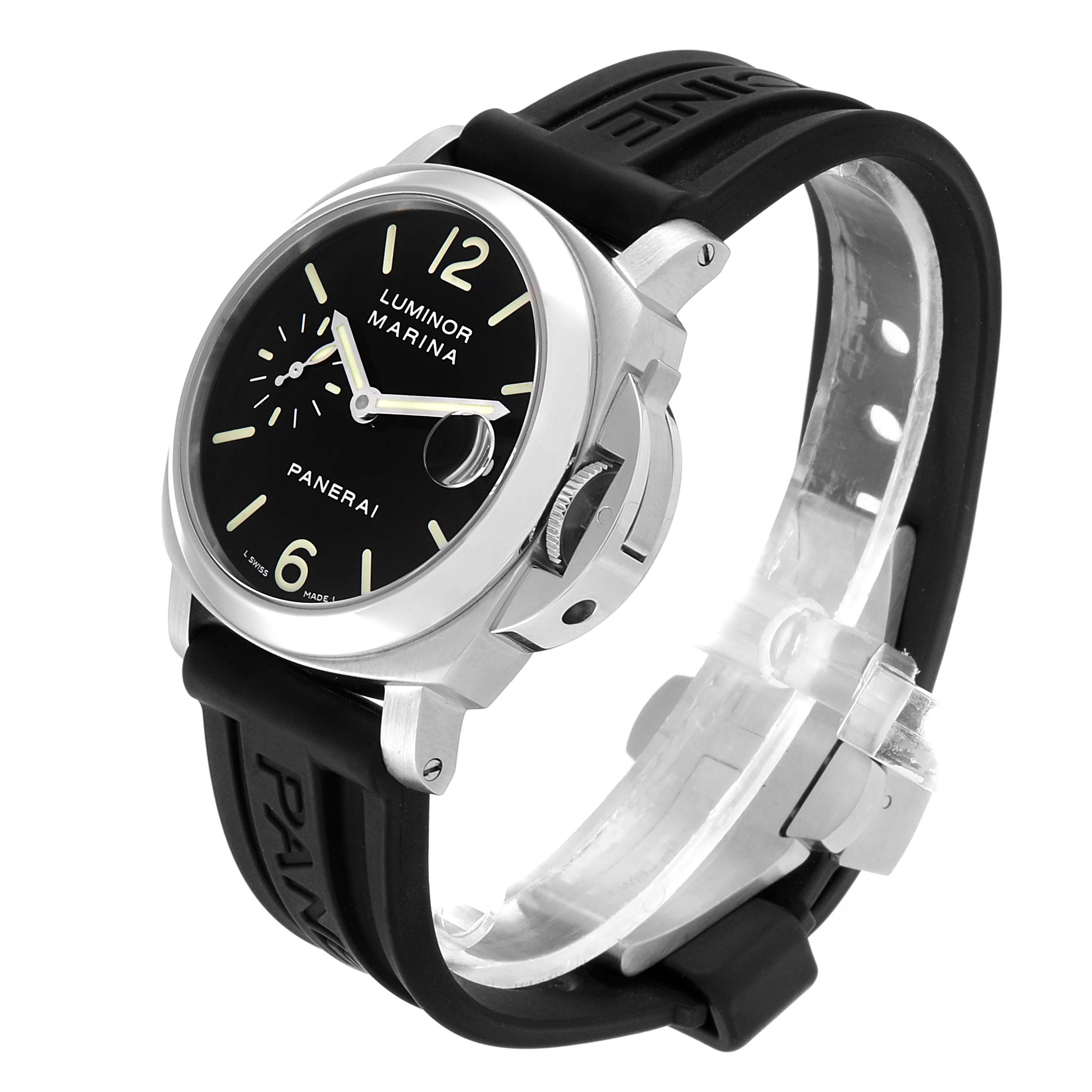 The image shows a Panerai Luminor PAM00048 Men
s Stainless Steel Black Dial PAM00048 Men
s Stainless Steel Black Dial watch at a side angle, displaying the face, crown, and rubber strap.
