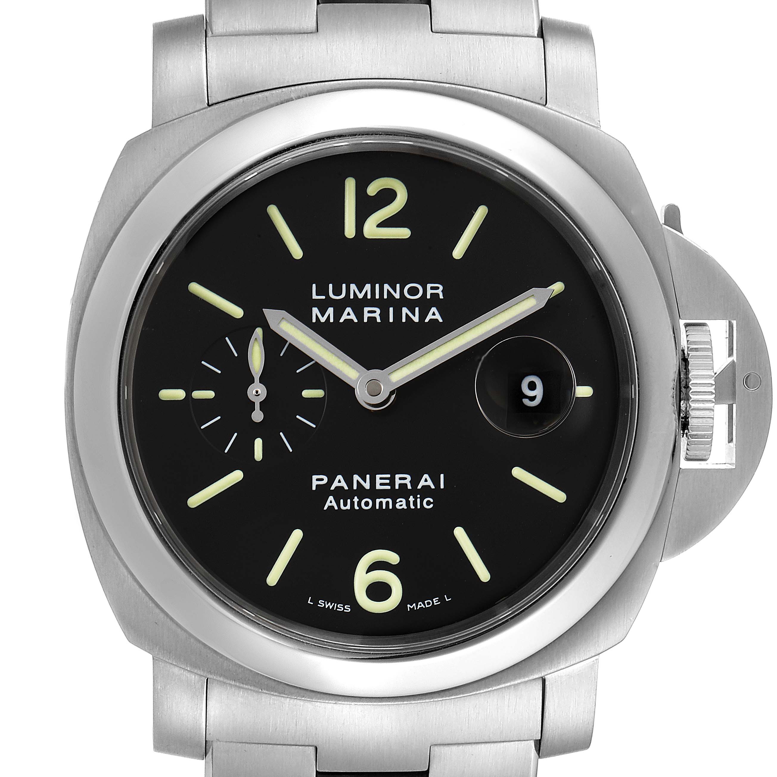 The image shows a front view of the Panerai Luminor PAM00299 Men
s Stainless Steel Black Dial PAM00299 Men
s Stainless Steel Black Dial Marina watch, displaying the dial, bezel, and part of the metal bracelet.