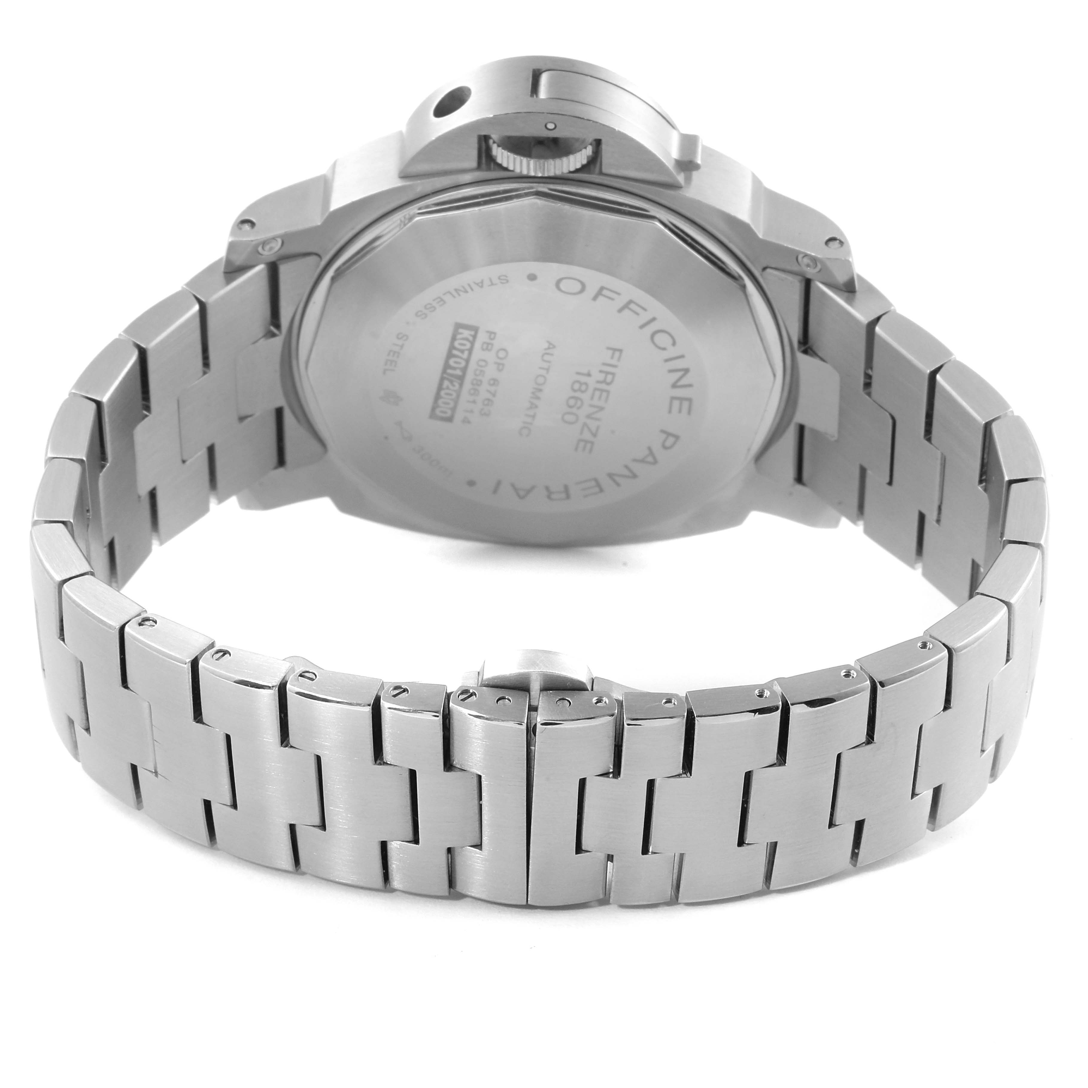 The image shows the back and bracelet of a Panerai Luminor PAM00299 Men
s Stainless Steel Black Dial PAM00299 Men
s Stainless Steel Black Dial watch from a rear angle.