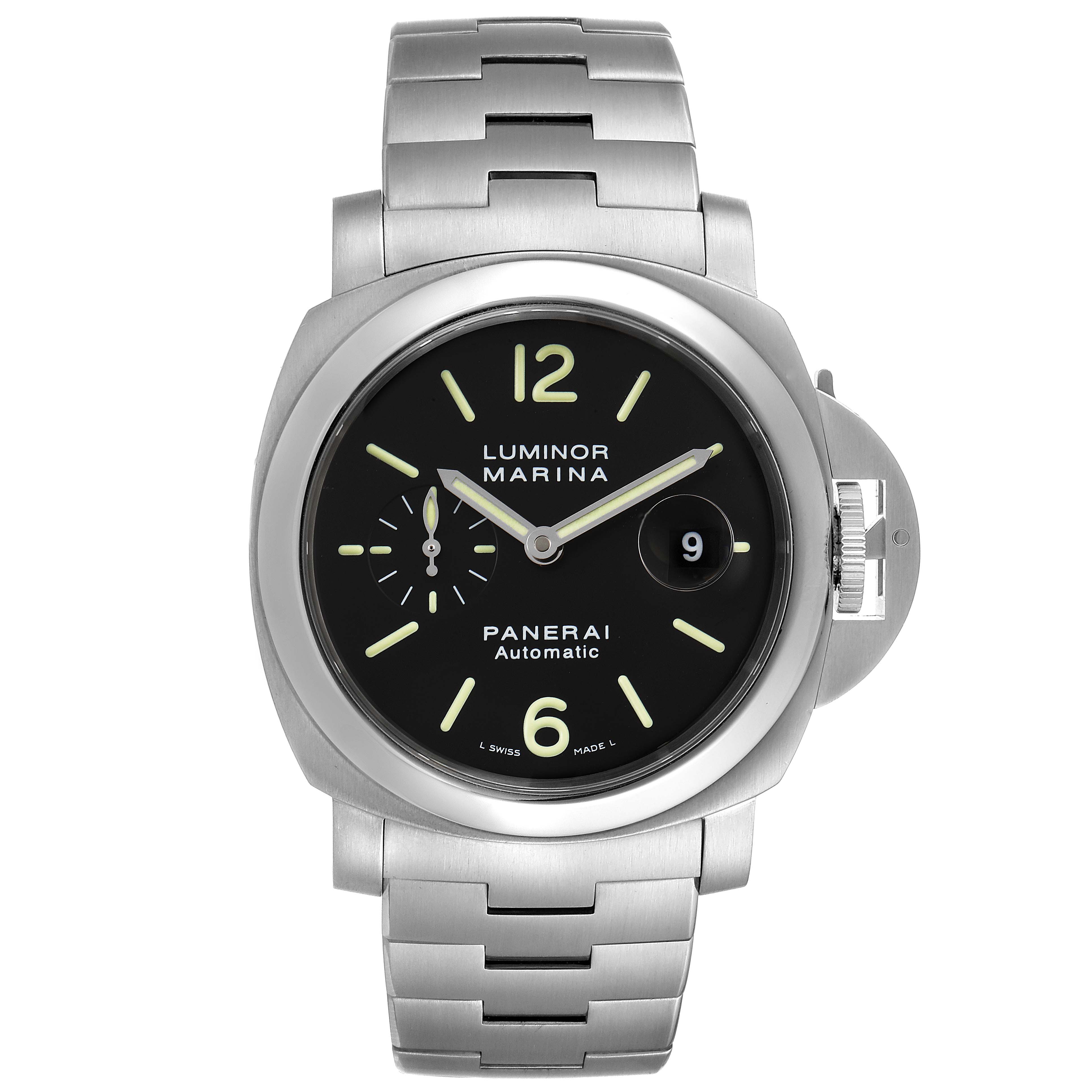 The image shows a front view of the Panerai Luminor PAM00299 Men
s Stainless Steel Black Dial PAM00299 Men
s Stainless Steel Black Dial watch, including the dial, bracelet, and the signature crown guard.