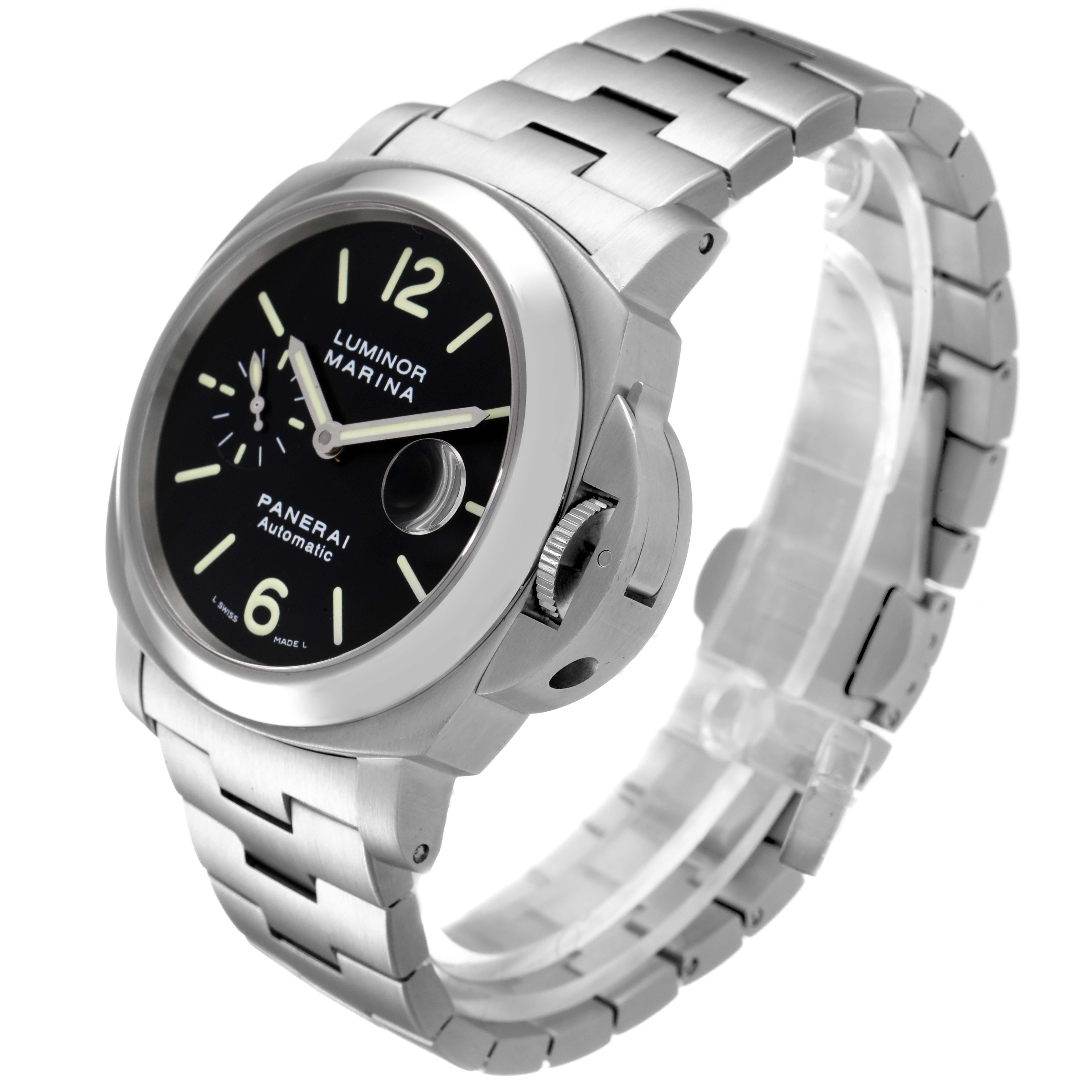 The image shows a Panerai Luminor PAM00299 Men
s Stainless Steel Black Dial PAM00299 Men
s Stainless Steel Black Dial watch angled from the top left, displaying the face, bezel, and part of the stainless steel bracelet.