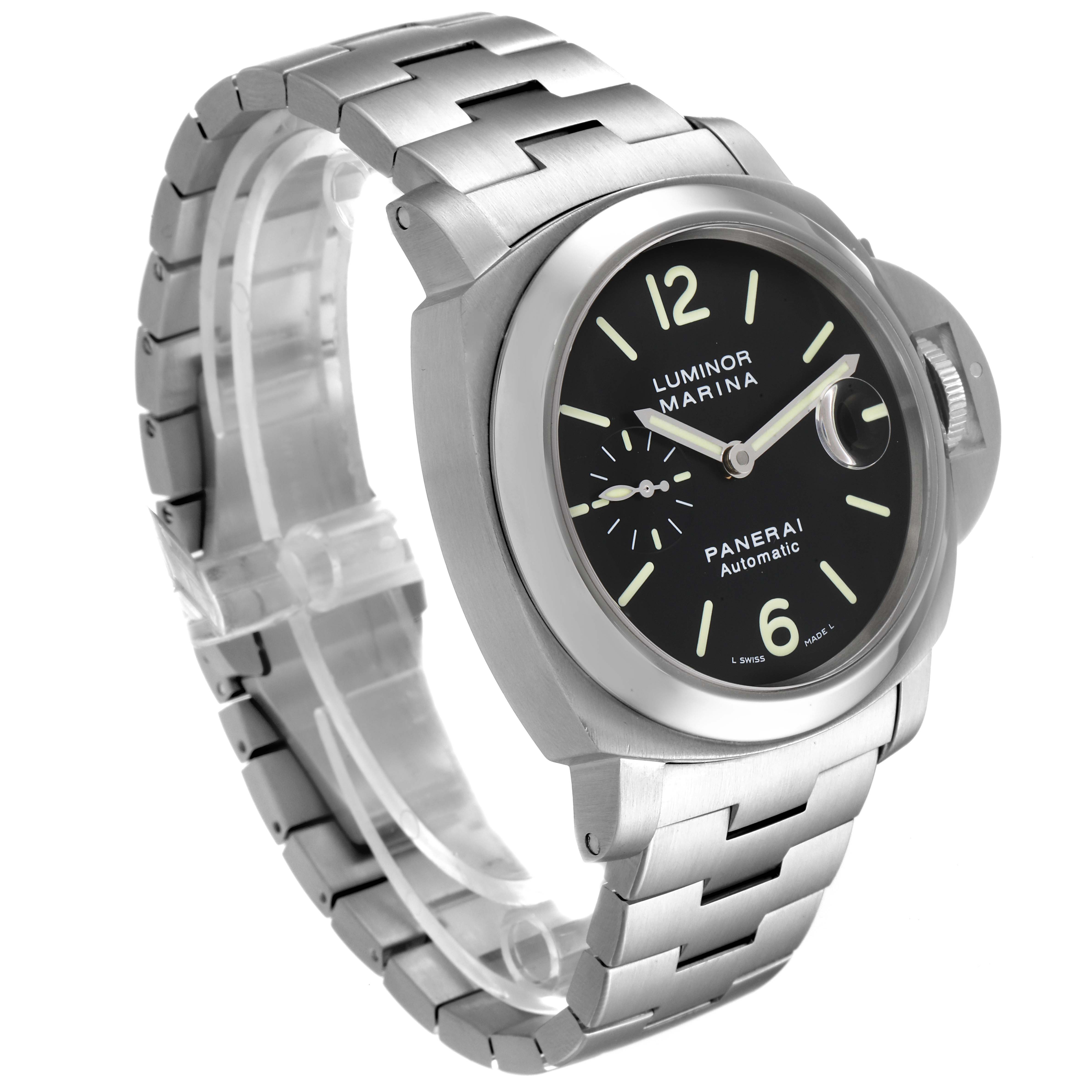 The image shows a Panerai Luminor PAM00299 Men
s Stainless Steel Black Dial PAM00299 Men
s Stainless Steel Black Dial Marina watch from a three-quarter angle, highlighting the face, case, and metal bracelet.