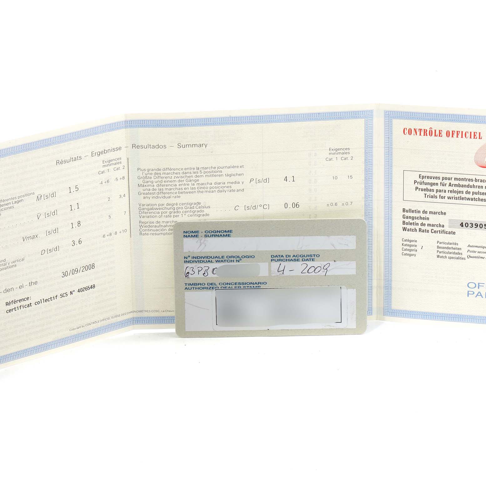 The image shows documentation and certificates for a Luminor model by Panerai, including a watch rate certificate and purchase card.