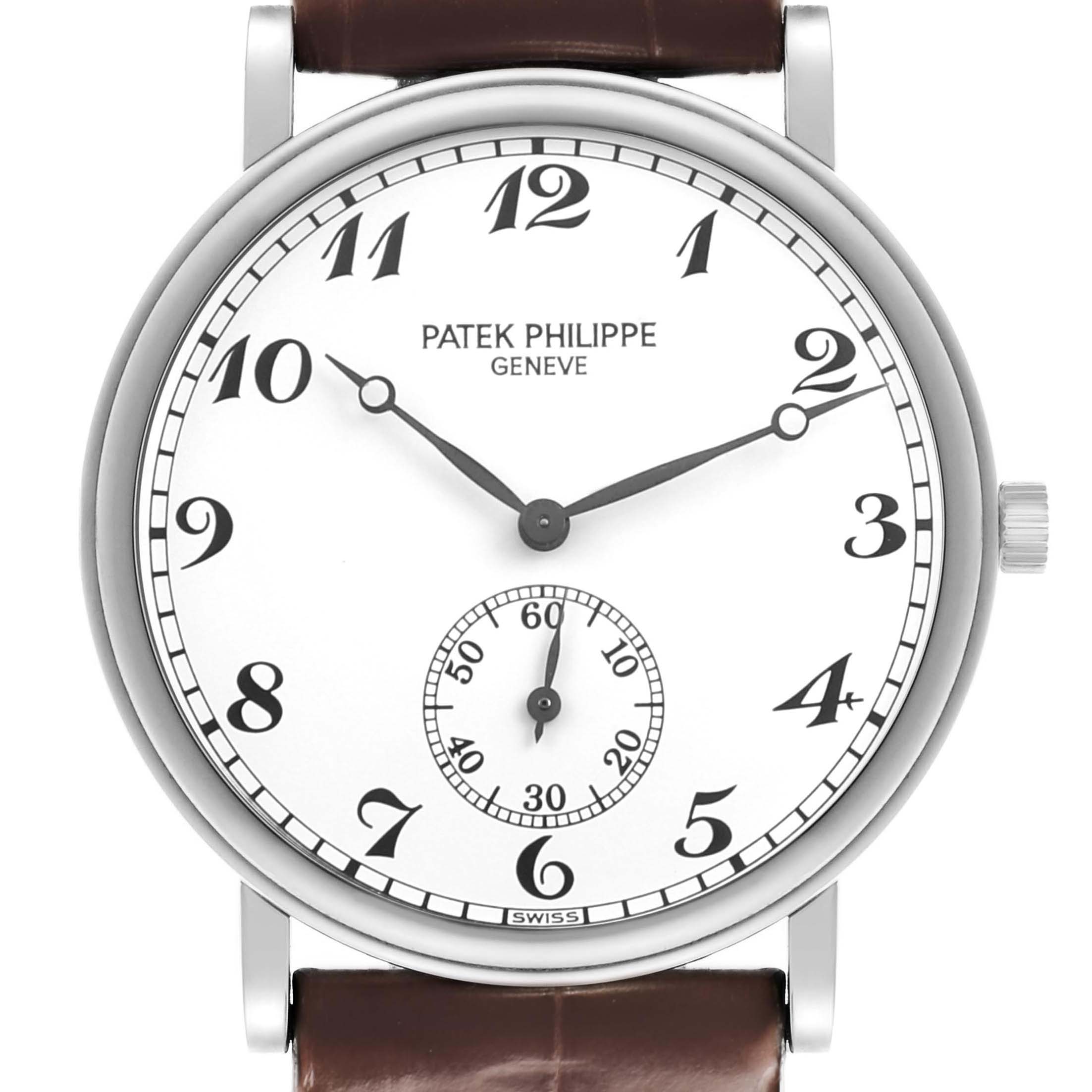 The Patek Philippe Calatrava 5022P-012 Men's Platinum White Dial watch is shown from a front angle, highlighting the dial and crown.