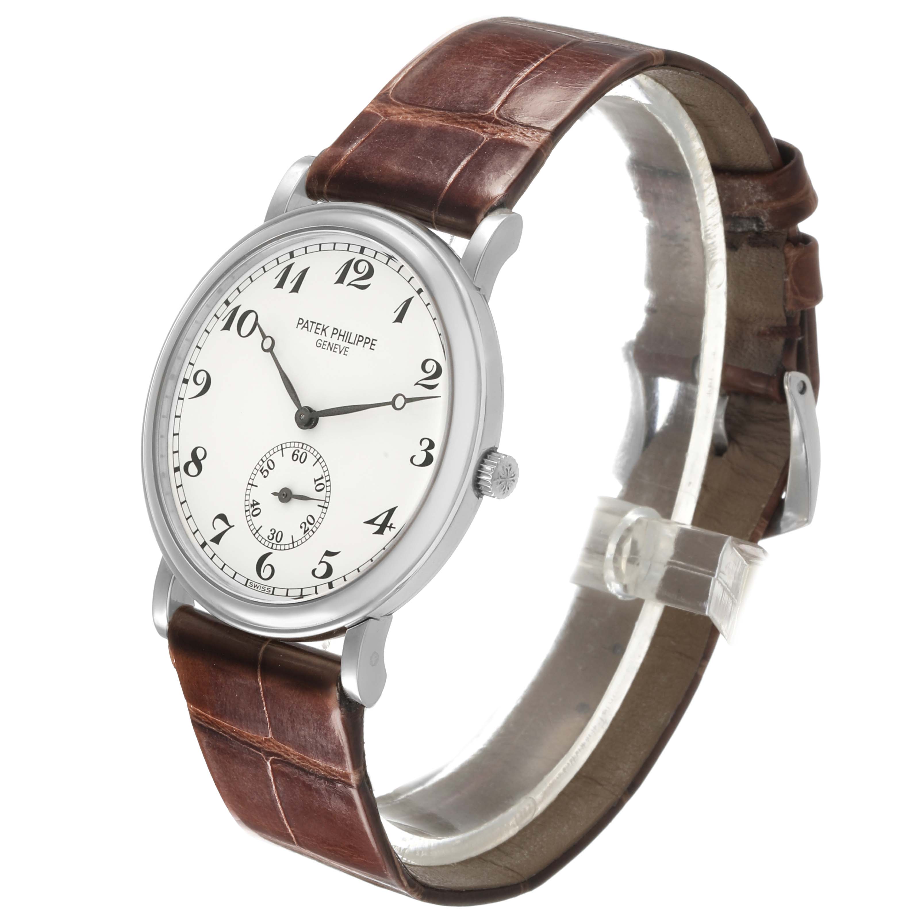 The Patek Philippe Calatrava 5022P-012 Men's Platinum White Dial watch is shown from a front-side angle, displaying the dial, bezel, crown, and leather strap.