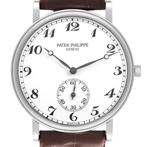 The Patek Philippe Calatrava 5022P-012 Men's Platinum White Dial watch is shown front-facing with a focus on the dial, hour markers, and sub-dial.