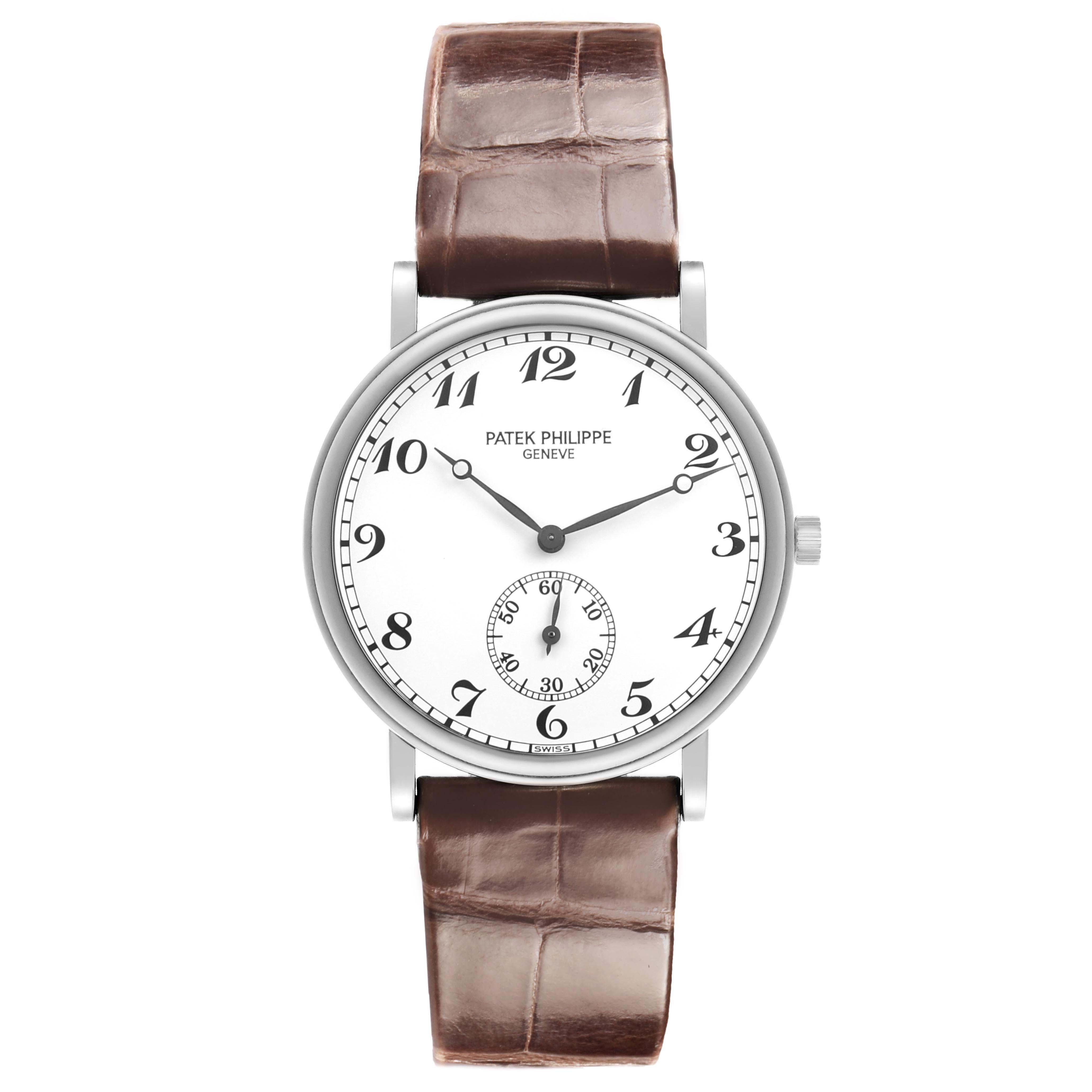The Patek Philippe Calatrava 5022P-012 Men's Platinum White Dial watch is shown from a front angle, displaying the dial, hands, case, and brown leather strap.