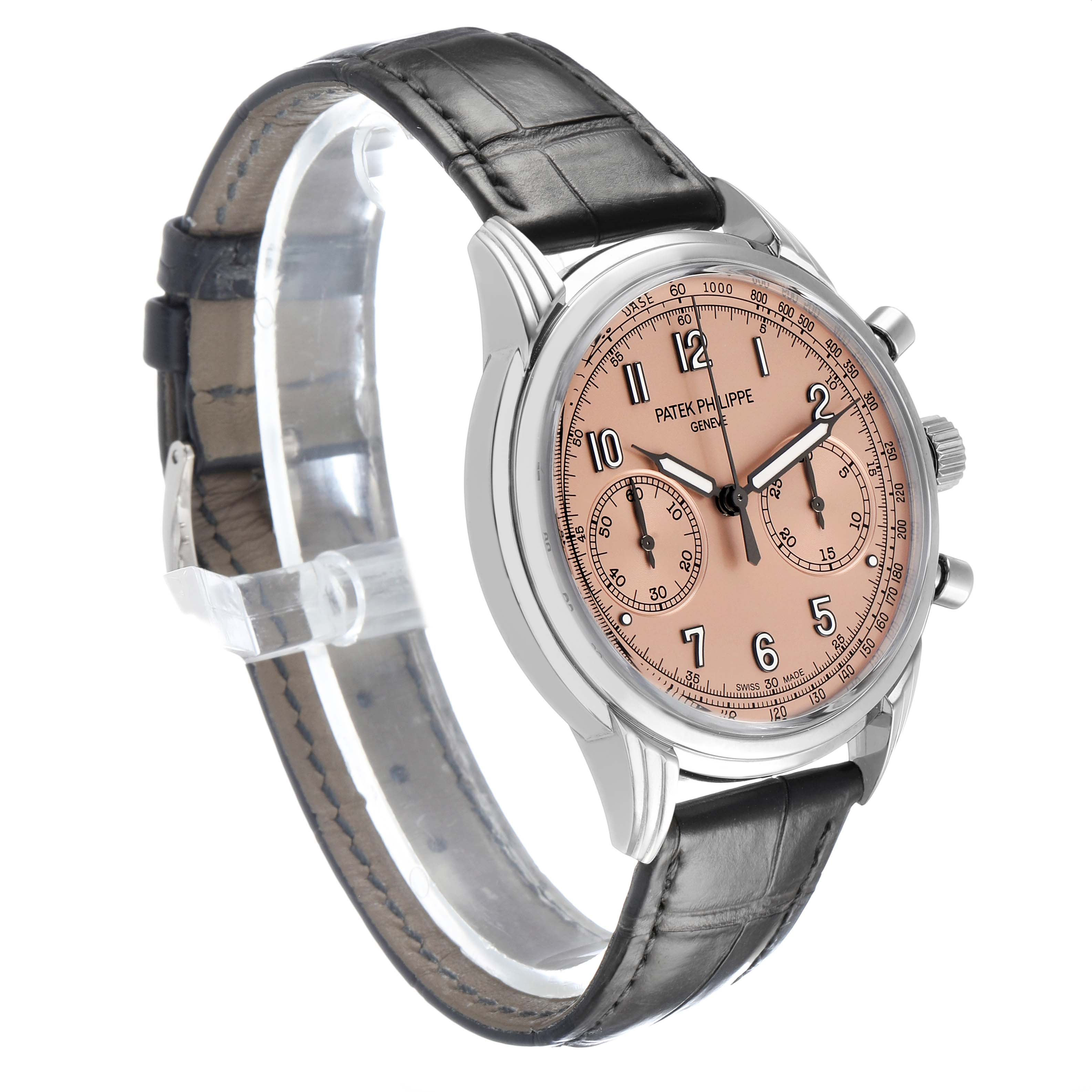 The Patek Philippe Complications 5172G-001 Men's White Gold Orange Dial watch is shown at an angle highlighting the face, bezel, crown, and leather strap.