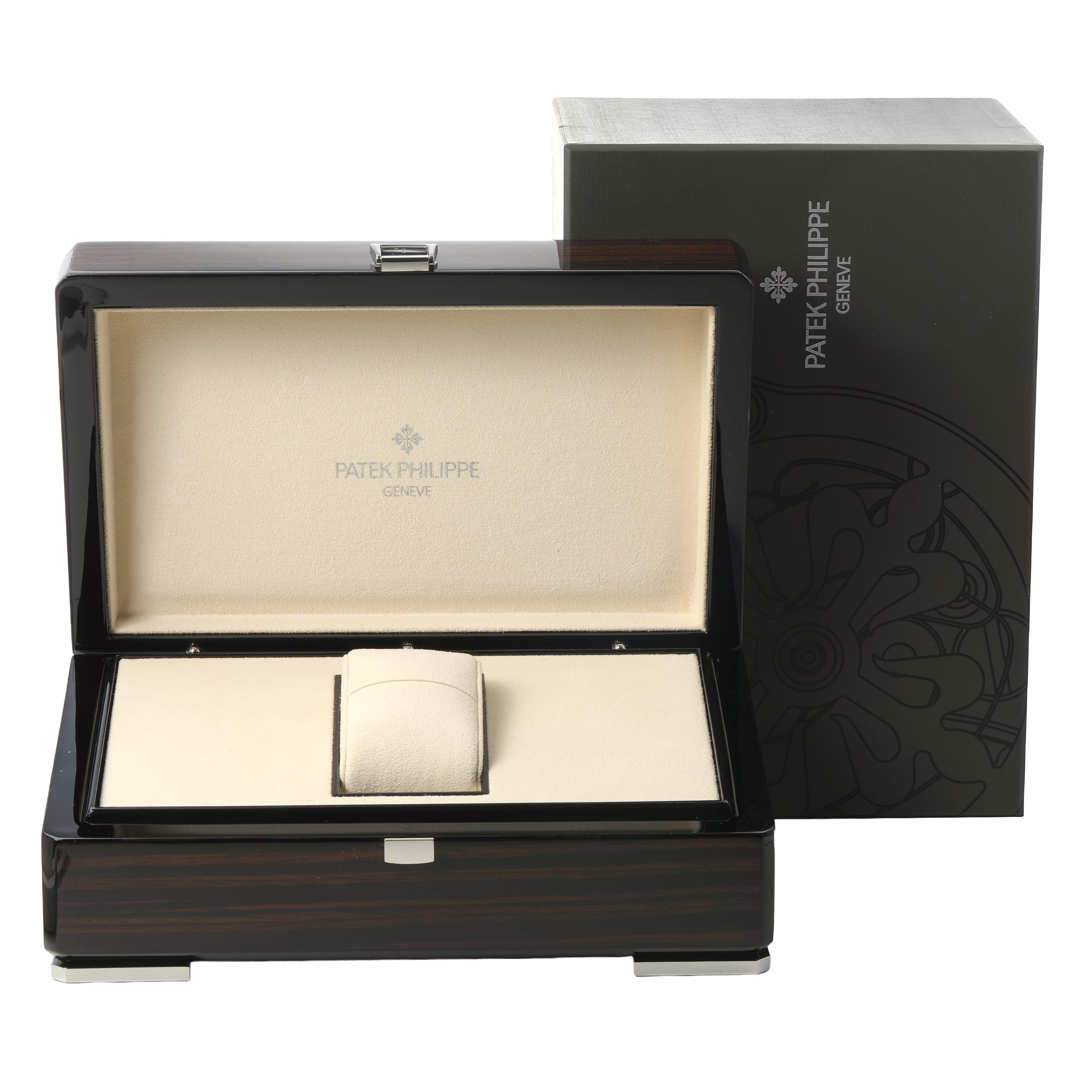 The image shows a Patek Philippe Complications 5172G-001 Men's White Gold Orange Dial watch box at a front angle, including the inner cushion and branded exterior box.