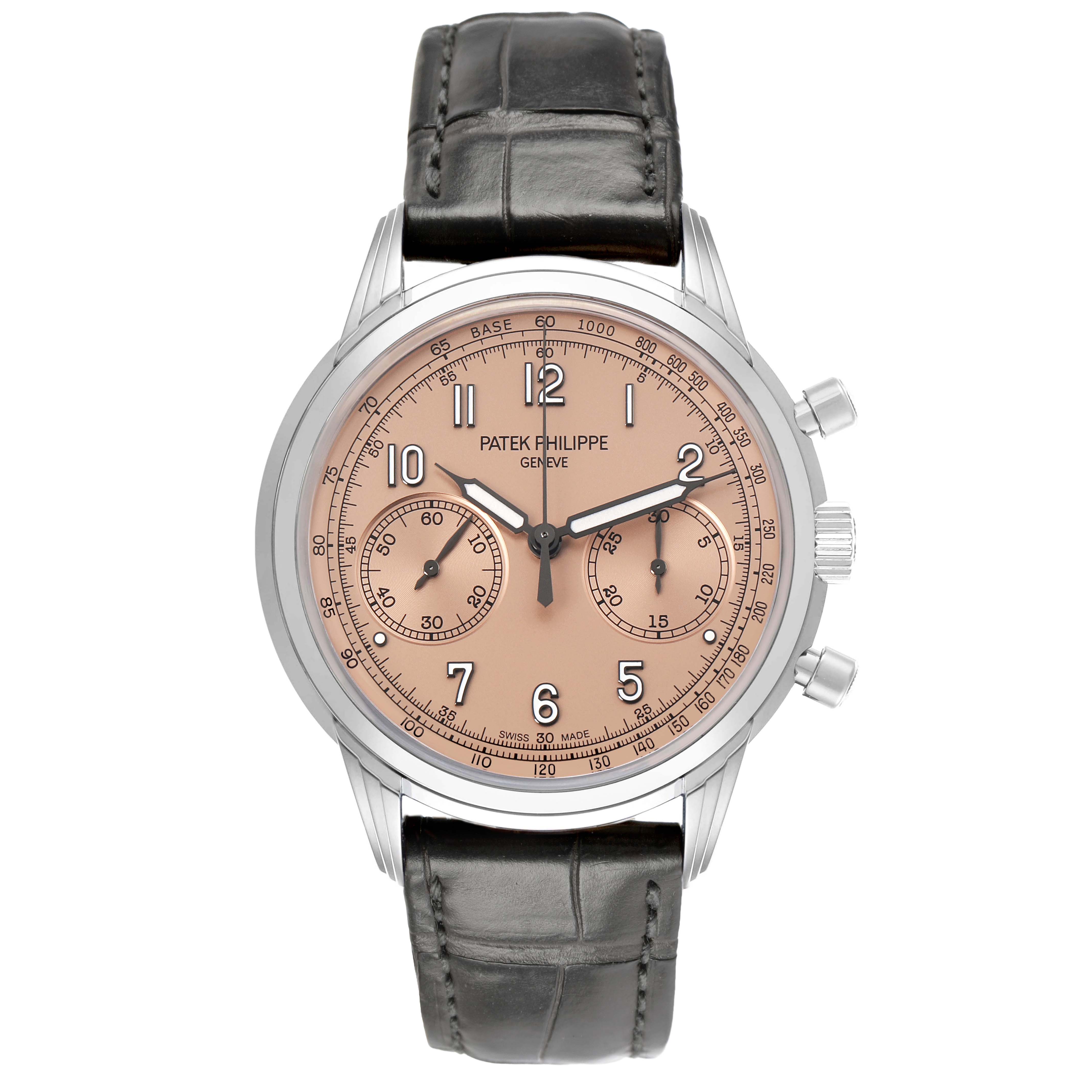 The Patek Philippe Complications 5172G-001 Men's White Gold Orange Dial watch is shown from a front view, highlighting the dial, subdials, and leather strap.