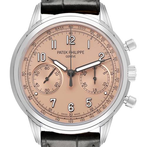 The watch is a Patek Philippe Complications 5172G-001 Men's White Gold Orange Dial model shown from the front, displaying the dial, subdials, bezel, and pushers.