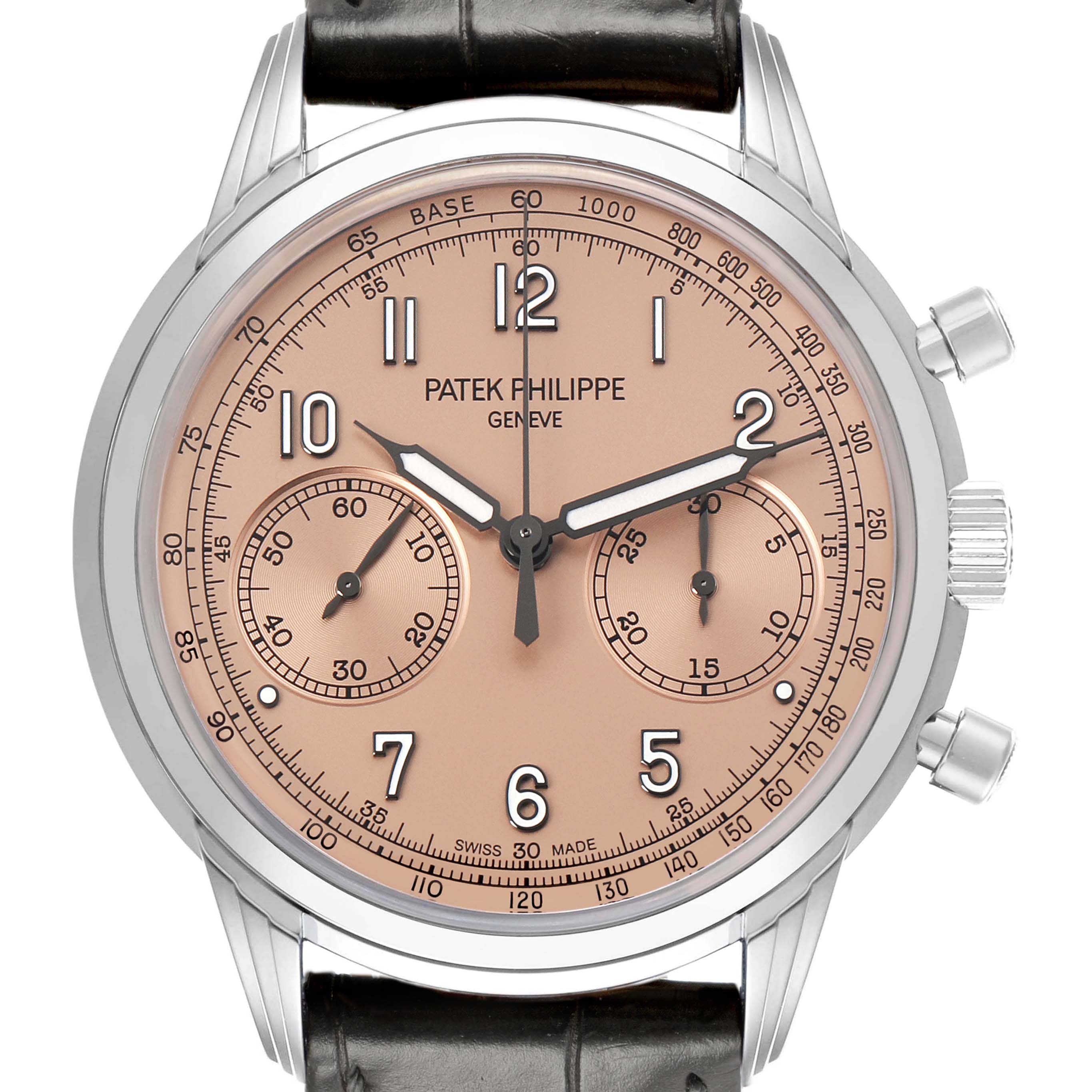 The Patek Philippe Complications 5172G-001 Men's White Gold Orange Dial watch is shown from the front, highlighting the dial, crown, and pushers.