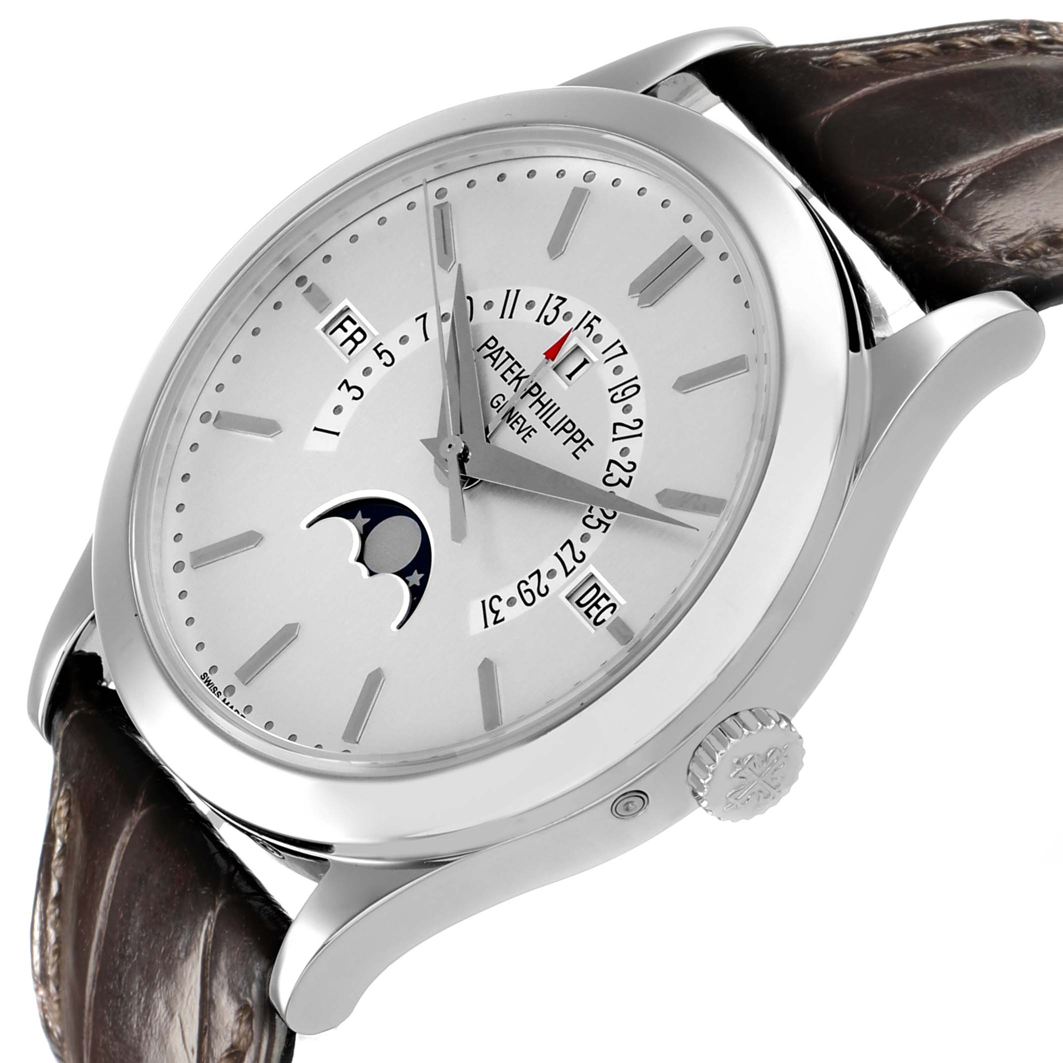 The Patek Philippe Complications 5496P Men's Platinum Silver Dial watch is shown at a 3/4 angle, highlighting the dial, moon phase display, and leather strap.