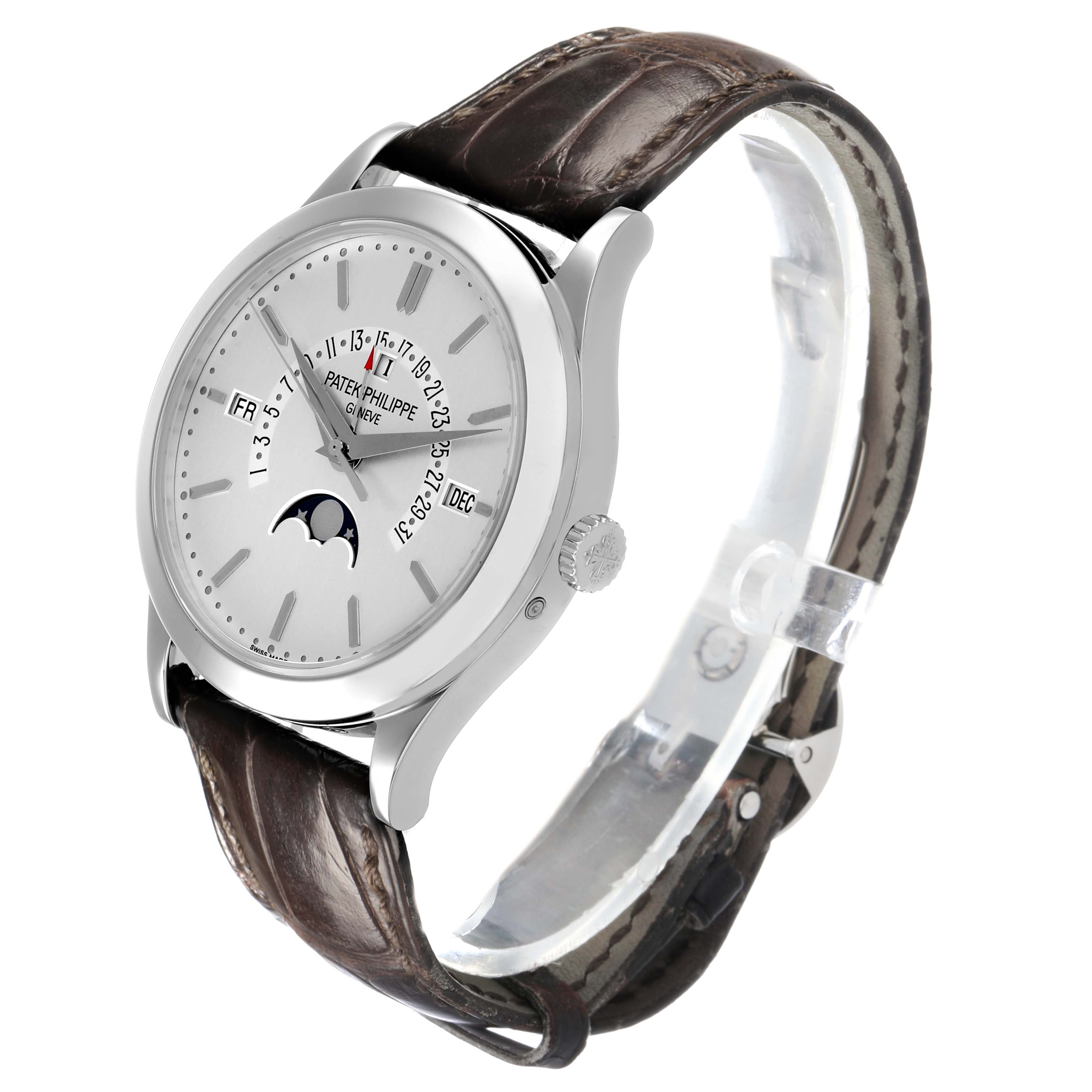 This Patek Philippe Complications 5496P Men's Platinum Silver Dial watch is shown at a three-quarter angle, highlighting the face, case, and leather strap.