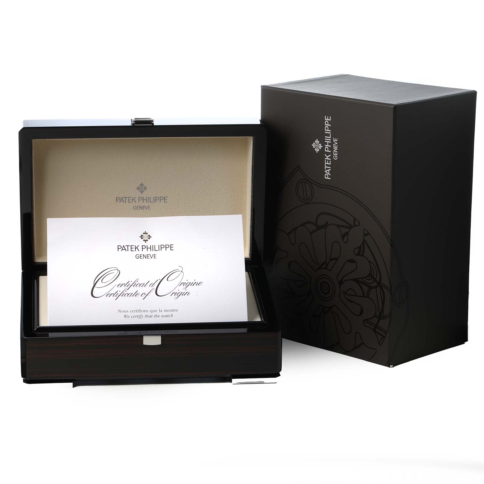 The image shows a Patek Philippe Complications 5496P Men's Platinum Silver Dial watch box, open with a certificate inside and an outer box beside it.