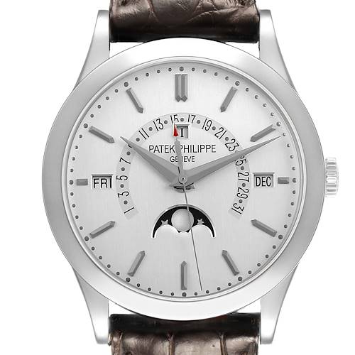 The Patek Philippe Complications 5496P Men's Platinum Silver Dial watch is shown from the front, highlighting its dial, moon phase, and calendar features.