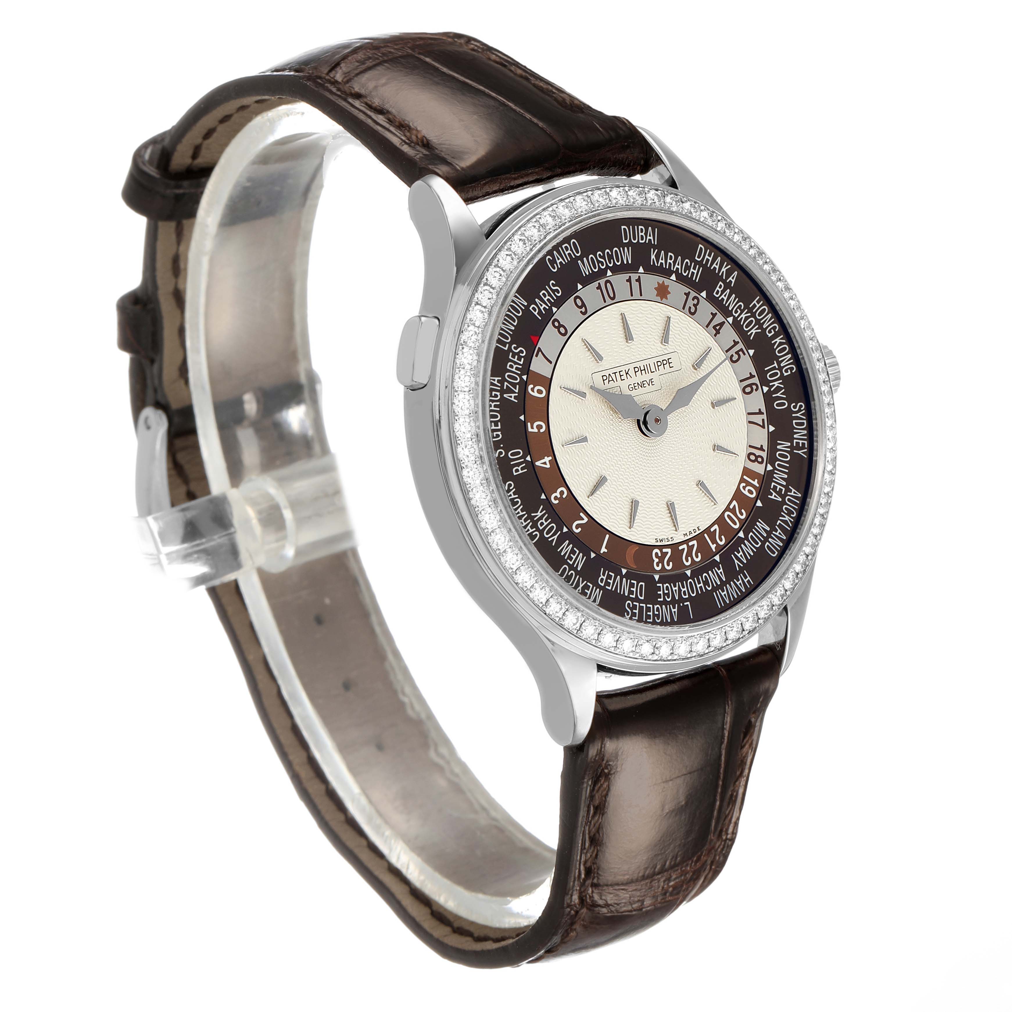 The Patek Philippe Complications 7130G Men's White Gold Brown Dial watch is shown at a slight angle, highlighting the dial, bezel, and leather strap.