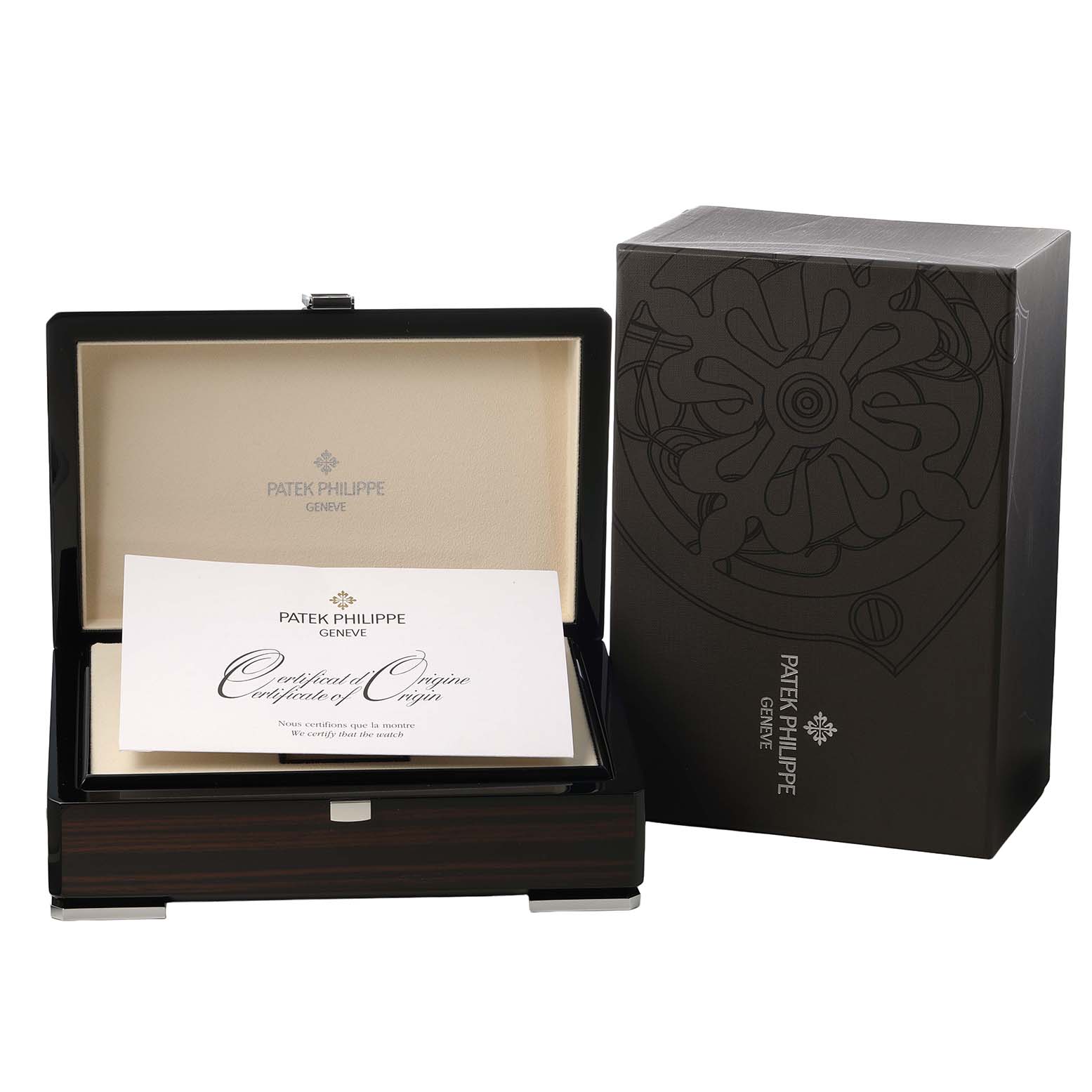 The image shows the Patek Philippe Complications 7130G Men's White Gold Brown Dial watch box and certificate from a frontal angle.