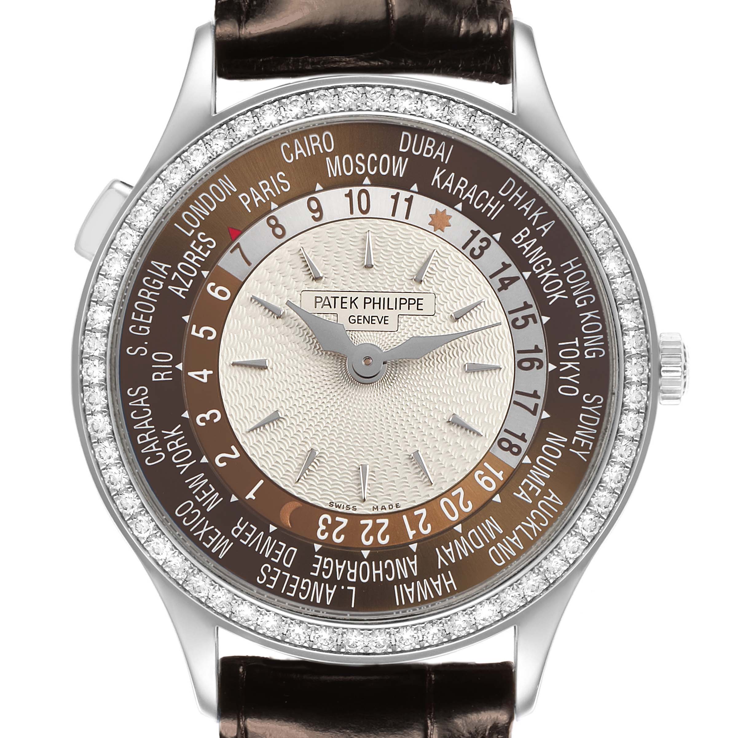 The Patek Philippe Complications 7130G Men's White Gold Brown Dial watch is shown from a front angle, highlighting the dial, bezel, and strap.
