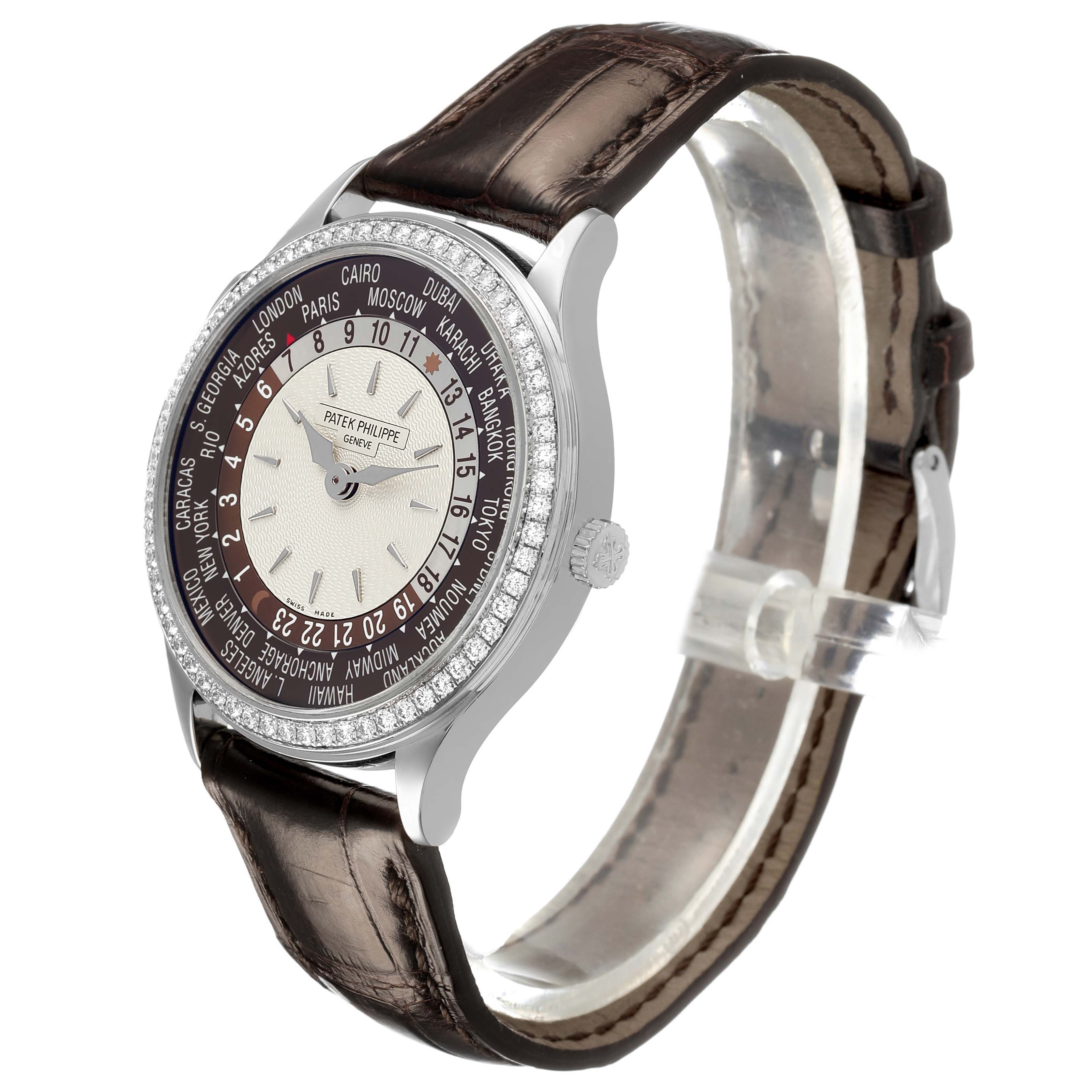 The Patek Philippe Complications 7130G Men's White Gold Brown Dial watch is shown at a three-quarter angle, highlighting the face, bezel, and leather strap.