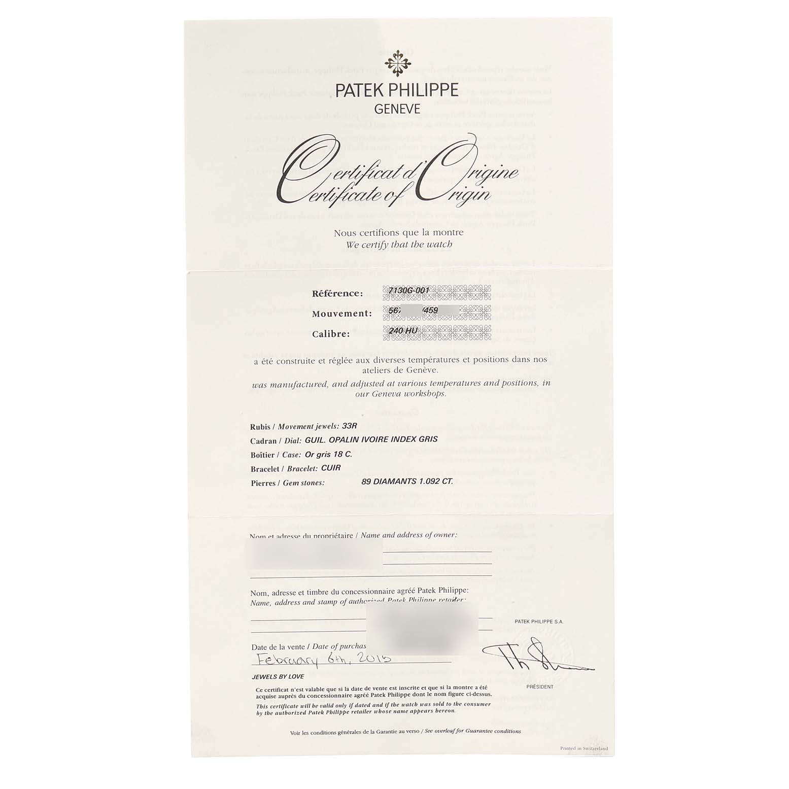 This image shows the Certificate of Origin for the Patek Philippe Complications 7130G Men's White Gold Brown Dial watch, detailing specifications and purchase information.
