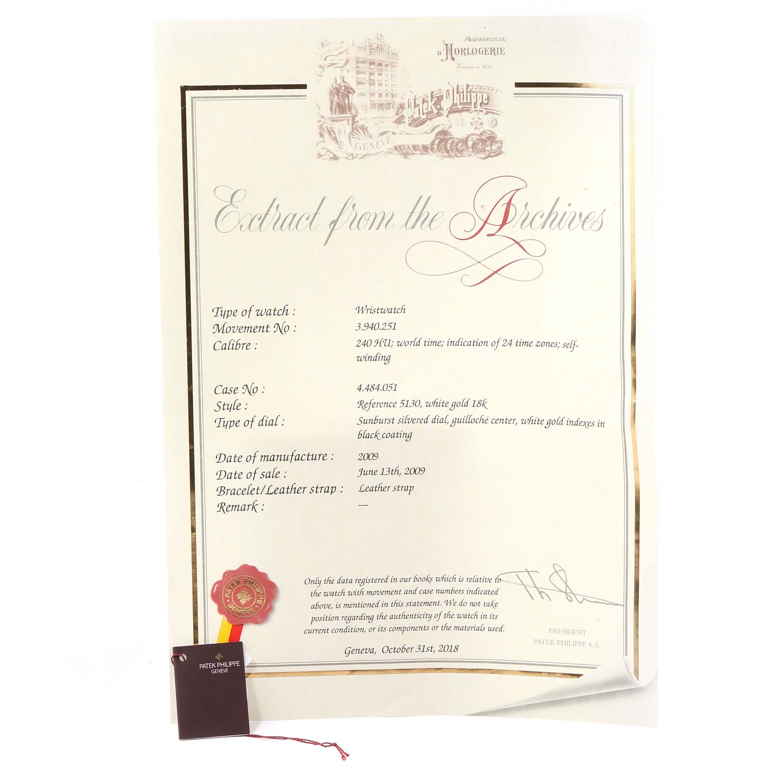 The image shows the official document for the Patek Philippe Complications 5130G Men's White Gold Silver Dial 5130G Men's White Gold Silver Dial model with details and specifications of the watch.