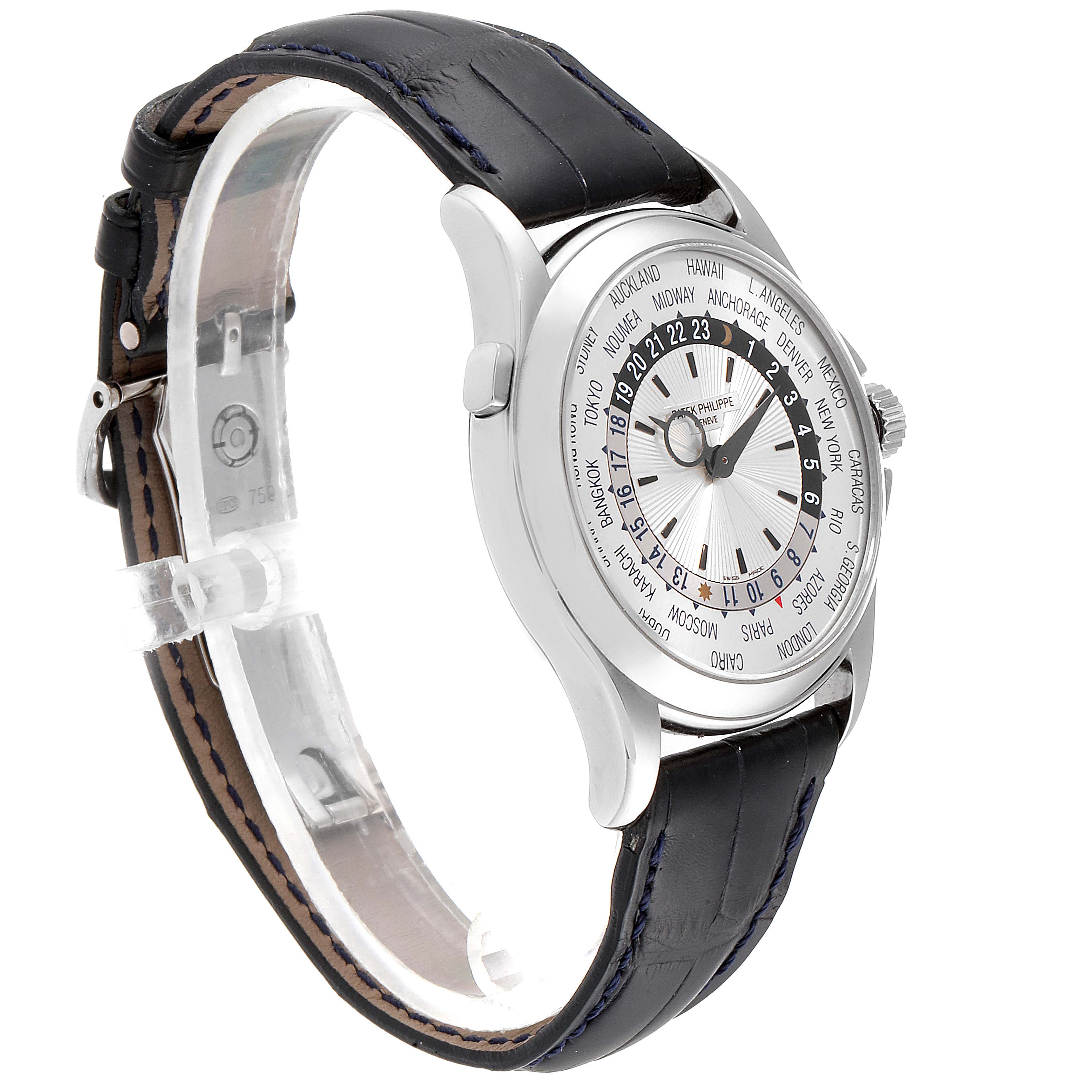 This image shows a side angle of the Patek Philippe Complications 5130G Men's White Gold Silver Dial 5130G Men's White Gold Silver Dial model, highlighting its face, case, and leather strap.