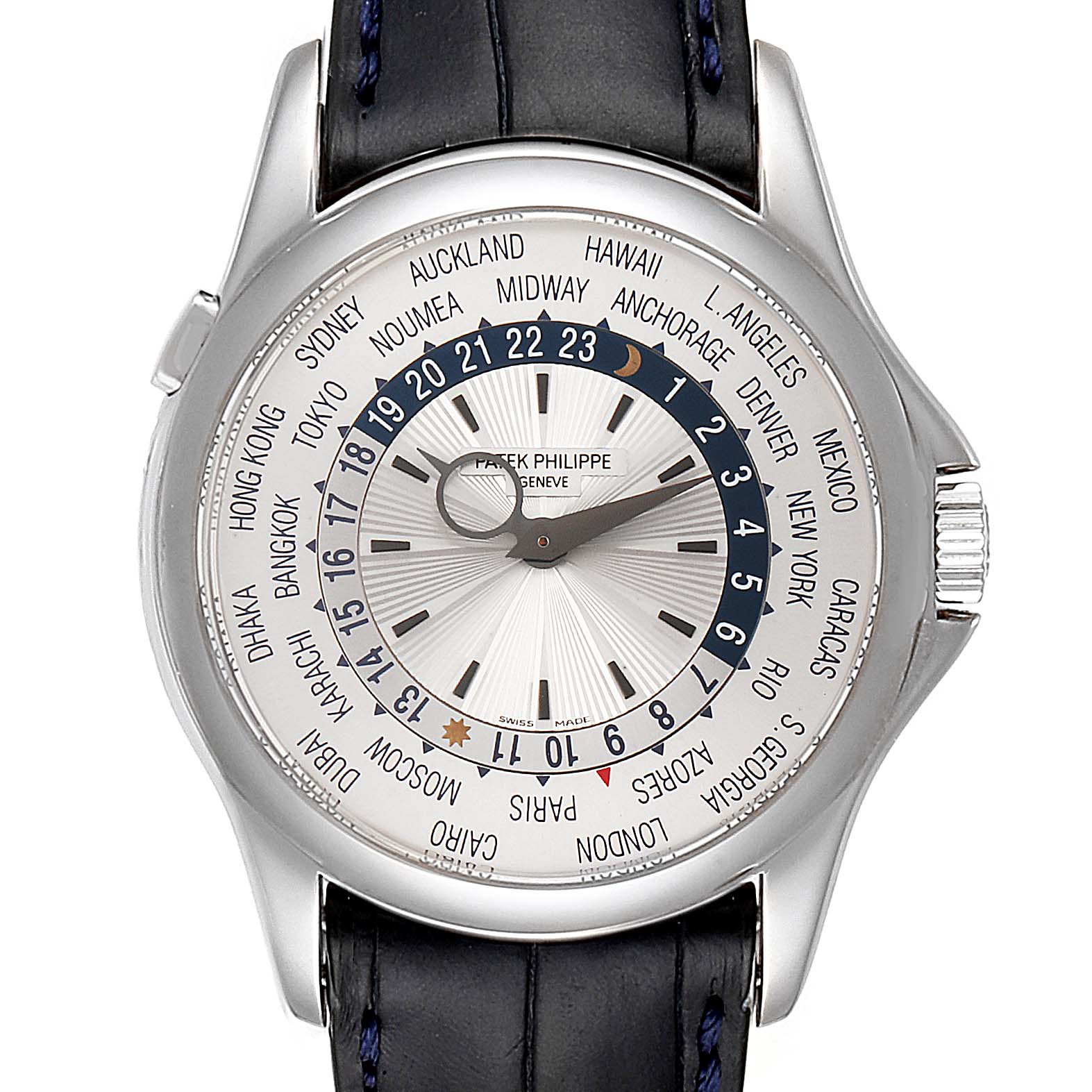 The image shows a front view of a Patek Philippe Complications 5130G Men's White Gold Silver Dial 5130G Men's White Gold Silver Dial model watch, displaying the dial with world time markings.