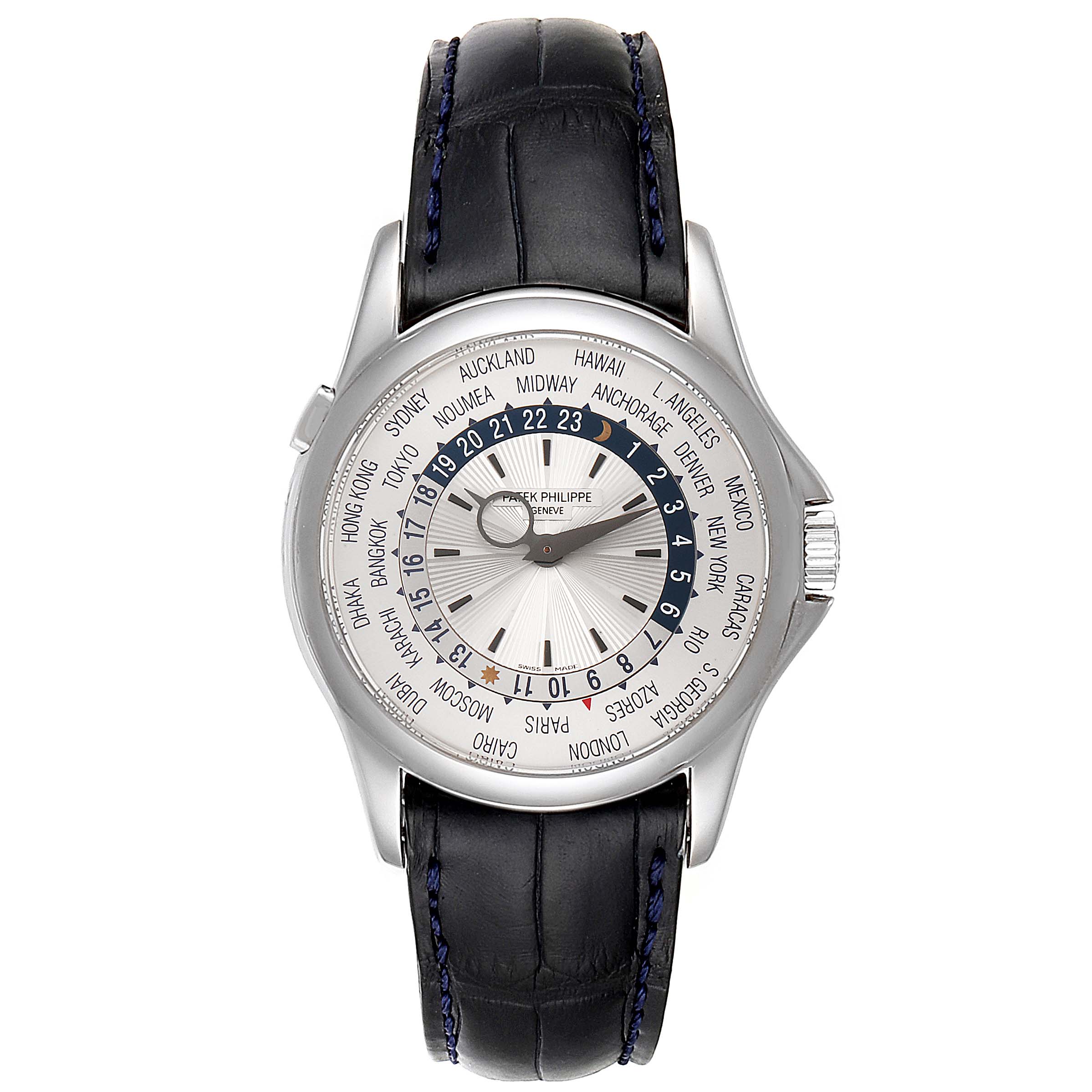 The image shows a frontal view of the Patek Philippe Complications 5130G Men's White Gold Silver Dial 5130G Men's White Gold Silver Dial watch, displaying the dial and leather strap.