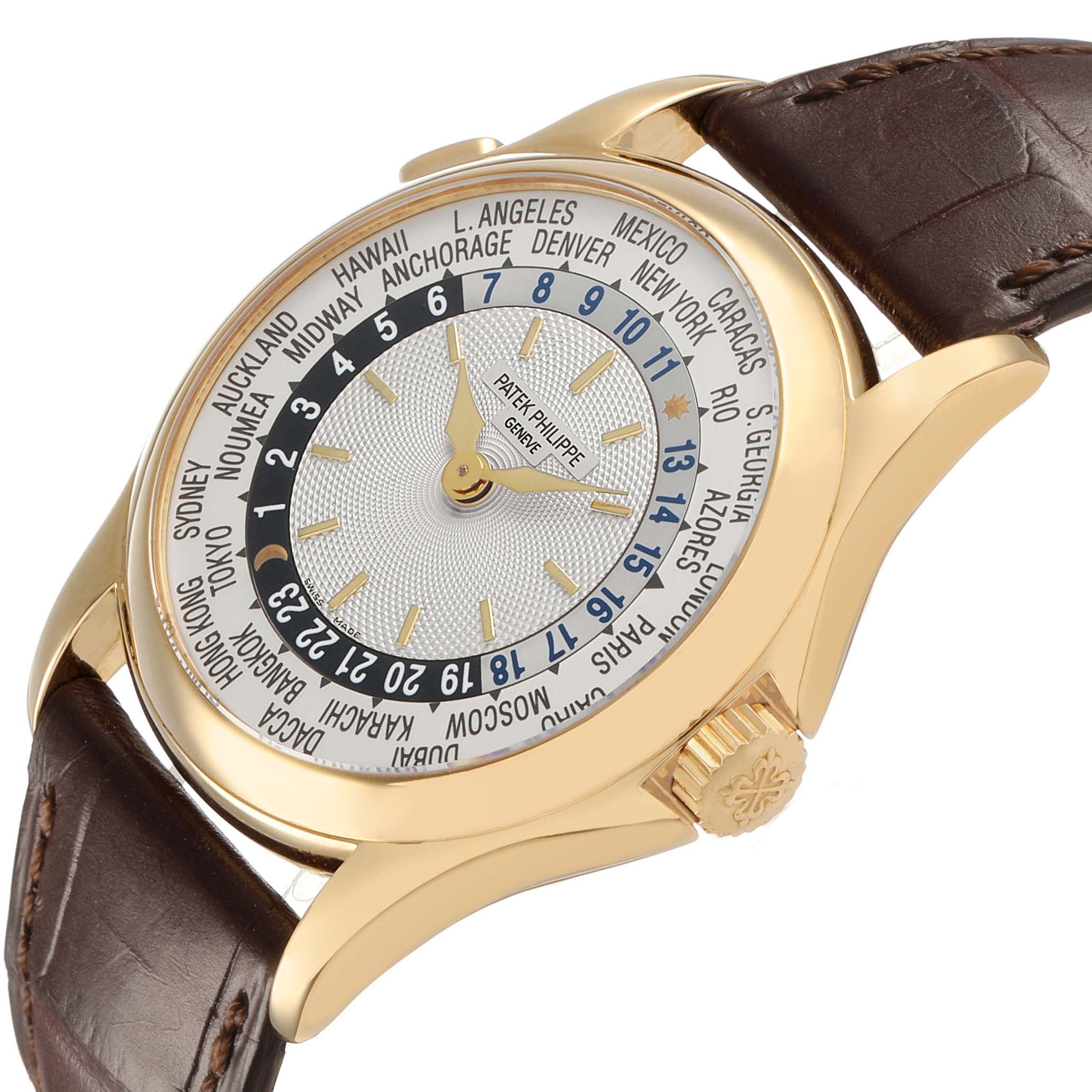 The Patek Philippe Complications 5110J Men's Yellow Gold Silver Dial watch is shown at a three-quarter angle, highlighting the gold case and brown leather strap.