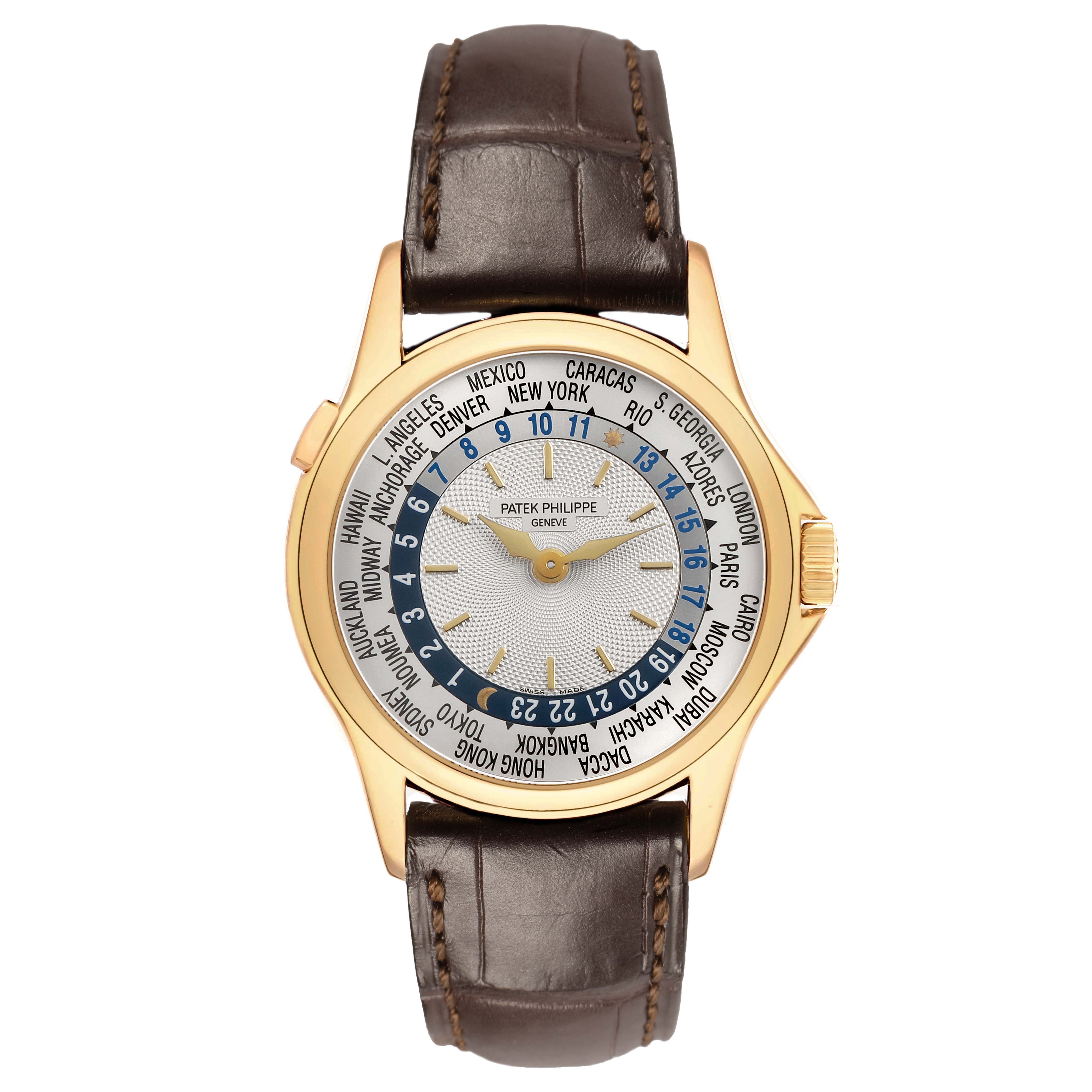The Patek Philippe Complications 5110J Men's Yellow Gold Silver Dial watch is shown from a top view, displaying its face, bezel, and leather strap.