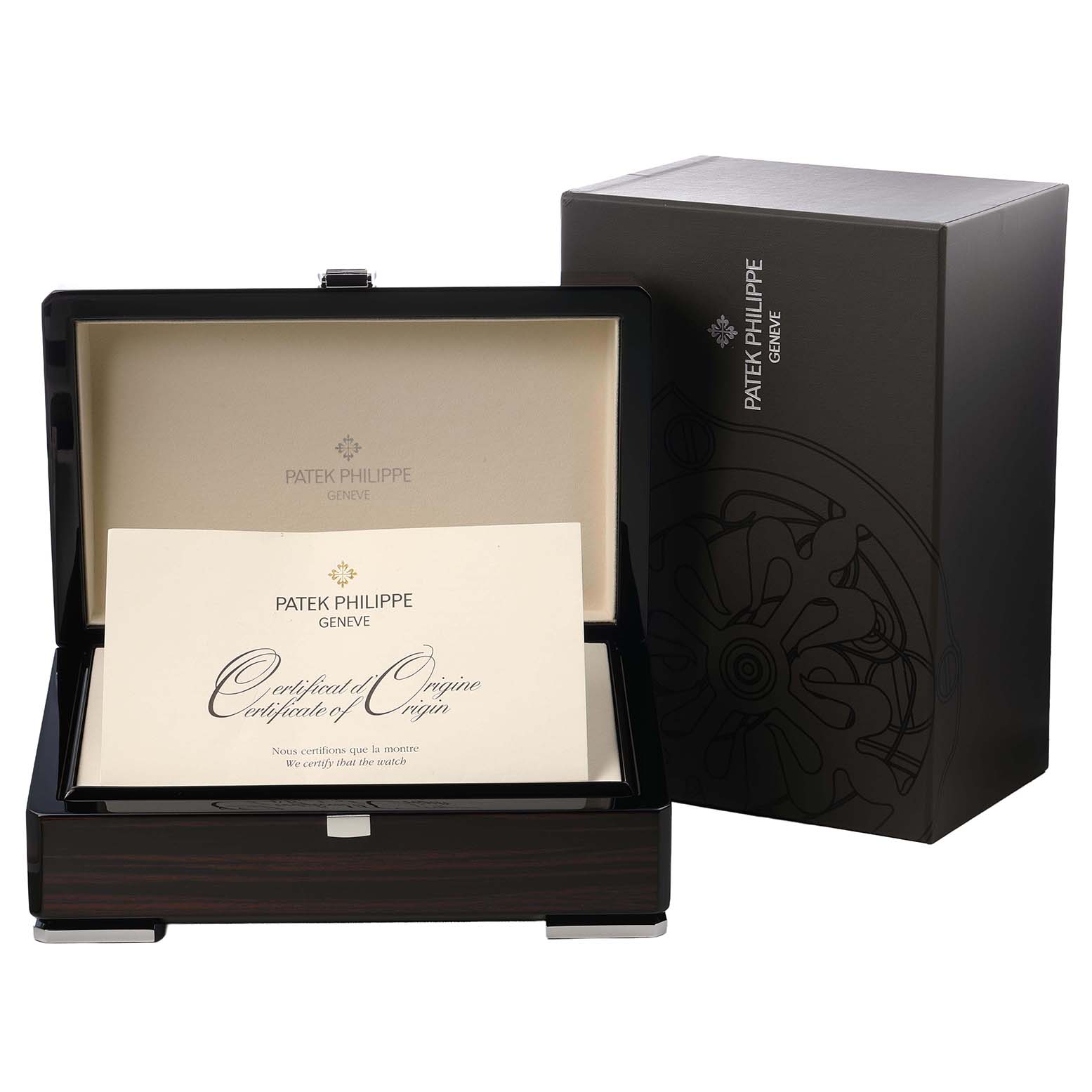 The image shows a Patek Philippe Complications 5110J Men's Yellow Gold Silver Dial model box, an open case, and a certificate of origin.
