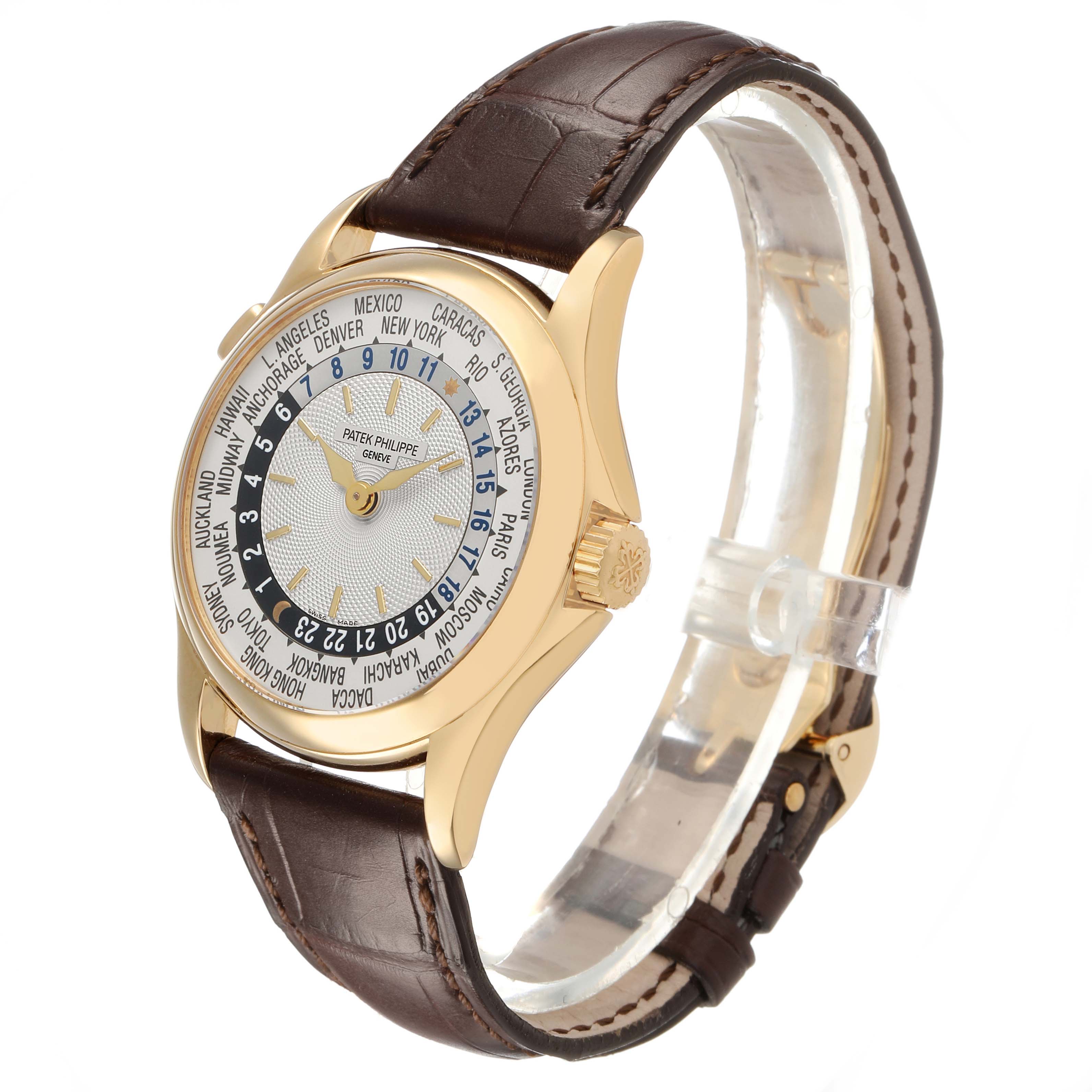 The Patek Philippe Complications 5110J Men's Yellow Gold Silver Dial watch is shown at a three-quarter angle displaying the case, dial, crown, and leather strap.