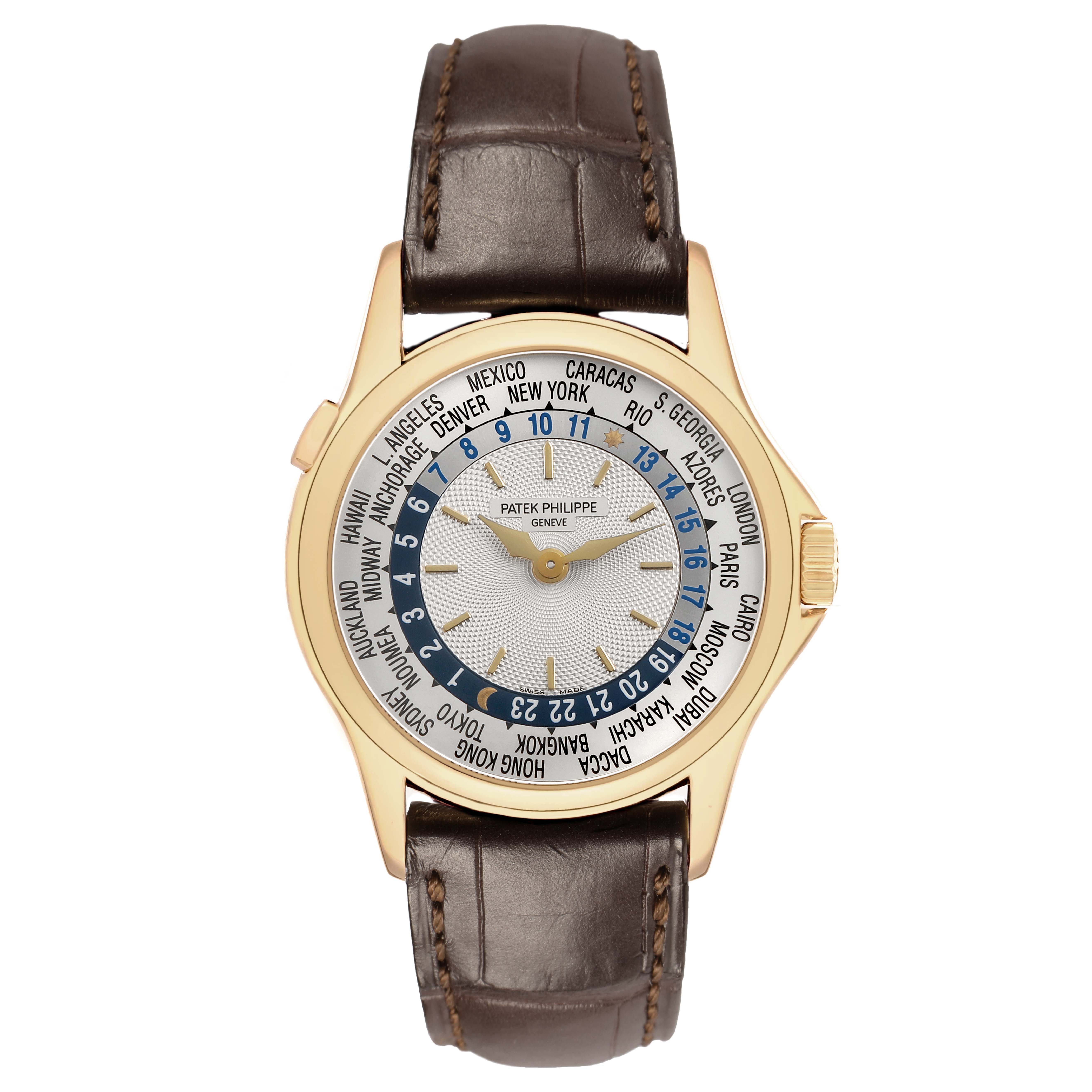 The watch displays a front view of the Patek Philippe Complications 5110J Men's Yellow Gold Silver Dial model, highlighting the face, bezel, and band.