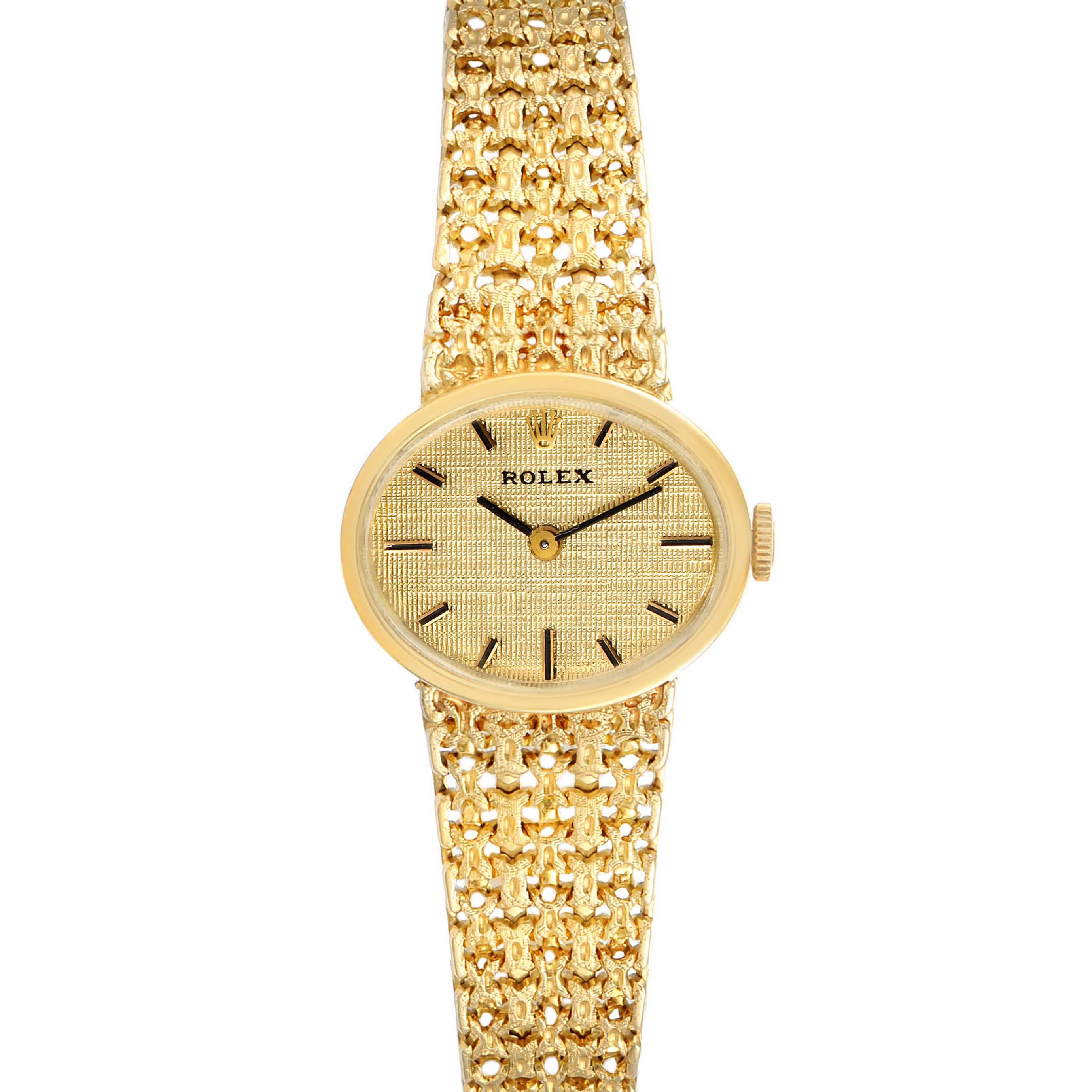 The image shows a front view of the Rolex Cocktail Women's Yellow Gold Champagne Dial Women's Yellow Gold Champagne Dial model watch, highlighting its gold-toned dial and intricate band.