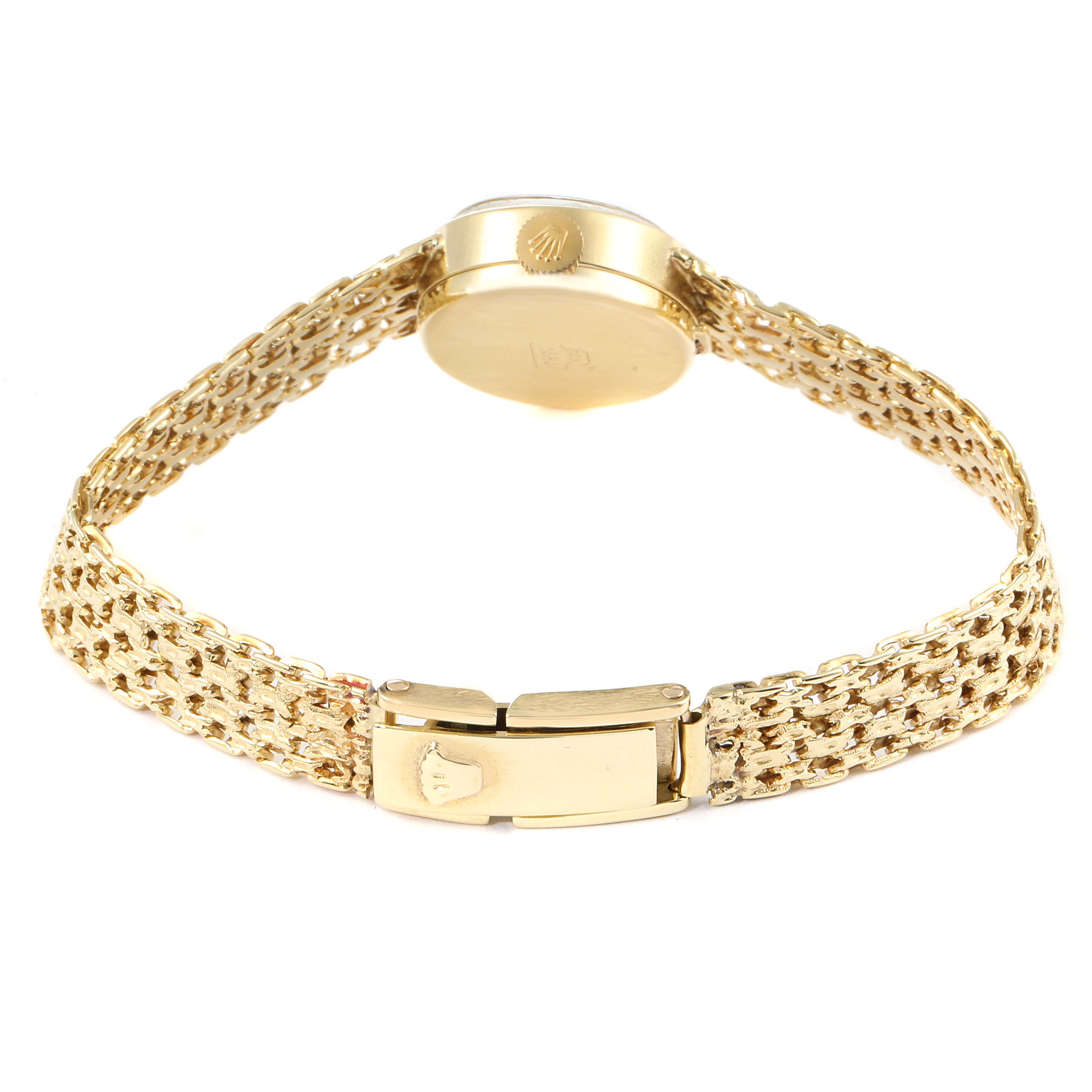 The image shows the back and side of a Rolex Cocktail Women's Yellow Gold Champagne Dial Women's Yellow Gold Champagne Dial model watch, highlighting its gold bracelet and clasp.