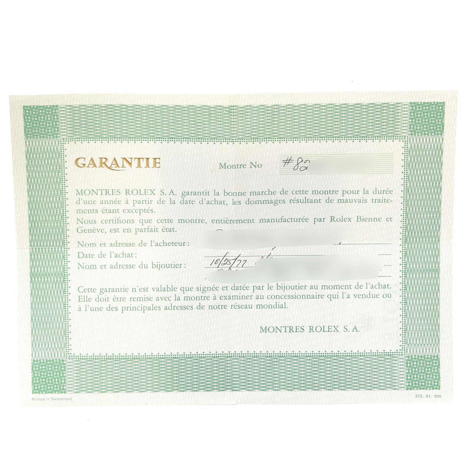 The image shows the warranty certificate for a Rolex Cocktail Women's Yellow Gold Champagne Dial Women's Yellow Gold Champagne Dial model watch, detailing its purchase date and buyer information.