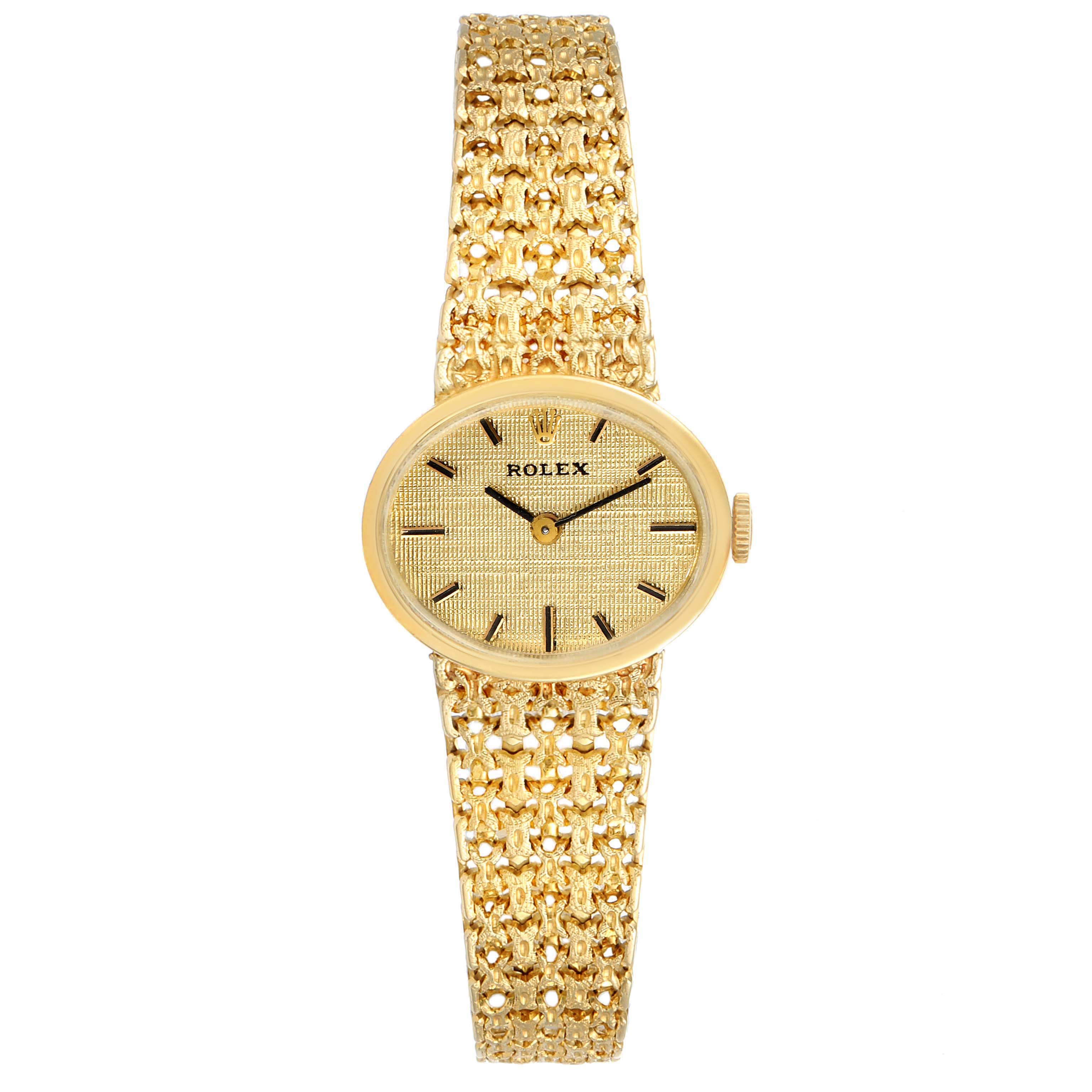 The image shows a front view of the Rolex Cocktail Women's Yellow Gold Champagne Dial Women's Yellow Gold Champagne Dial model watch, highlighting its gold mesh strap and elegant dial.