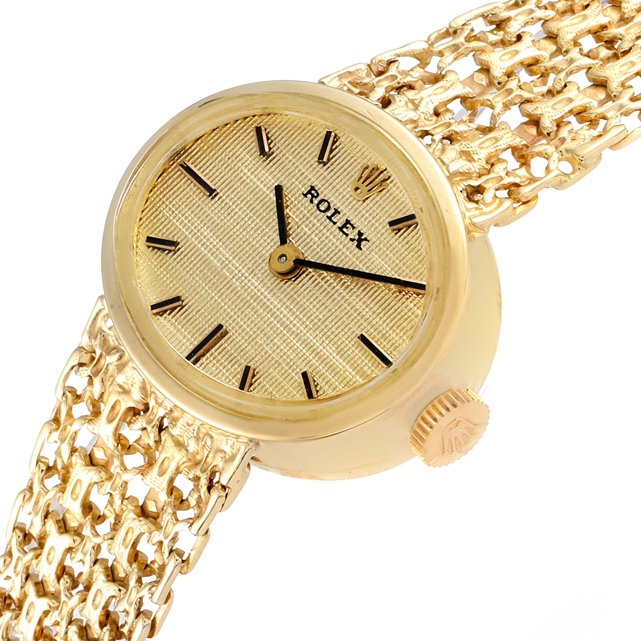 The image shows a close-up of the dial and bracelet of a Rolex Cocktail Women's Yellow Gold Champagne Dial Women's Yellow Gold Champagne Dial model watch from a slight angle.