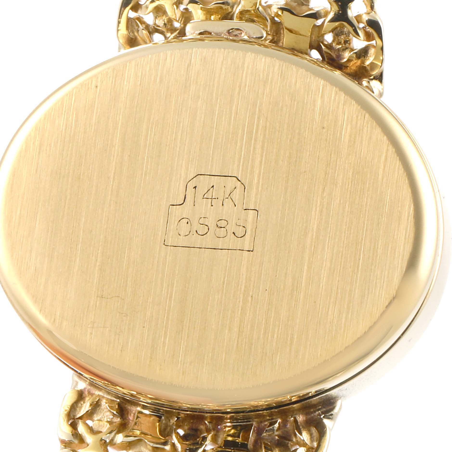 The image shows the back case of a Rolex Cocktail Women's Yellow Gold Champagne Dial Women's Yellow Gold Champagne Dial model watch, including the 14K gold marking.