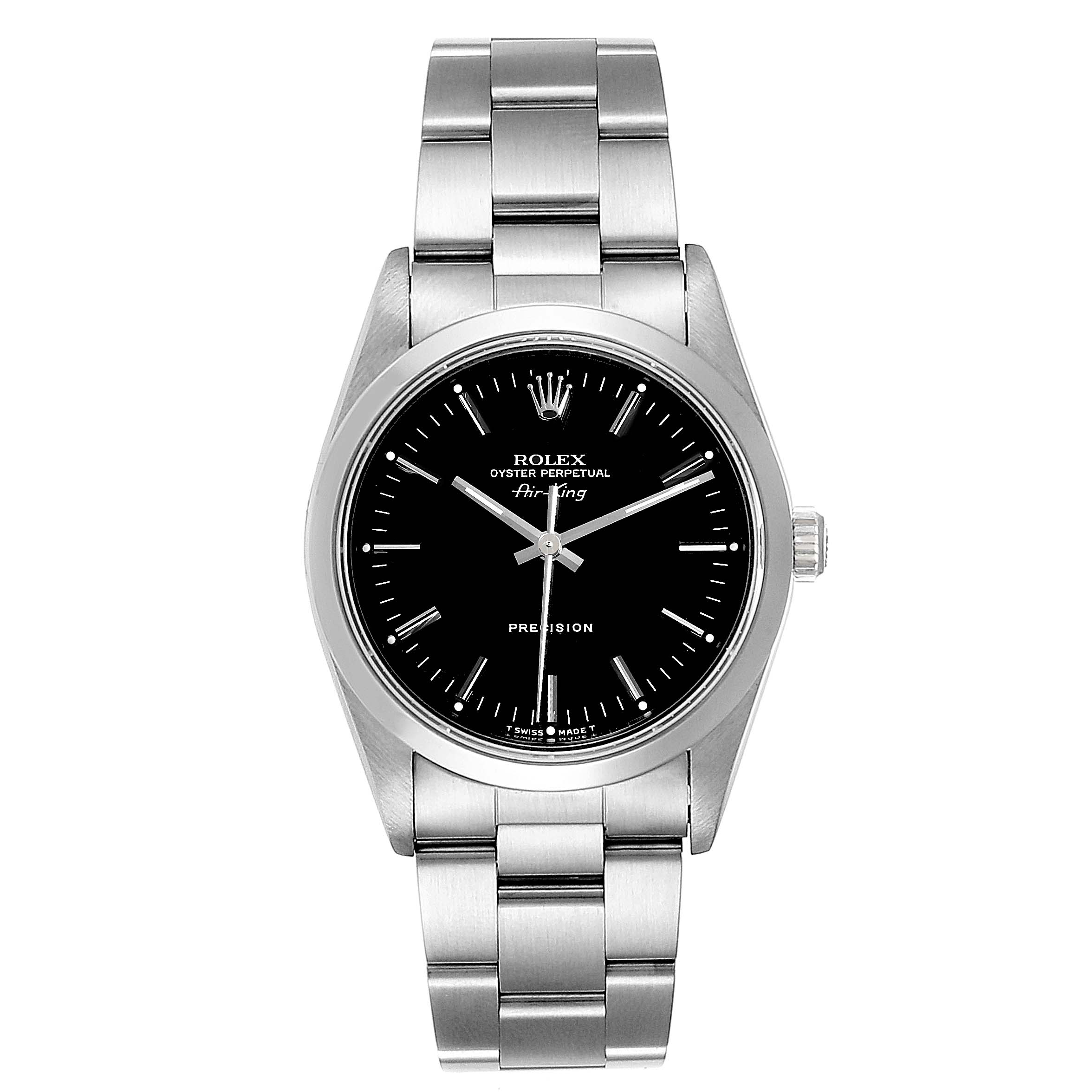 The image shows a frontal view of a Rolex Air-King 14000 Men's Stainless Steel Black Dial 14000 Men's Stainless Steel Black Dial watch, displaying the watch face, bezel, and bracelet.
