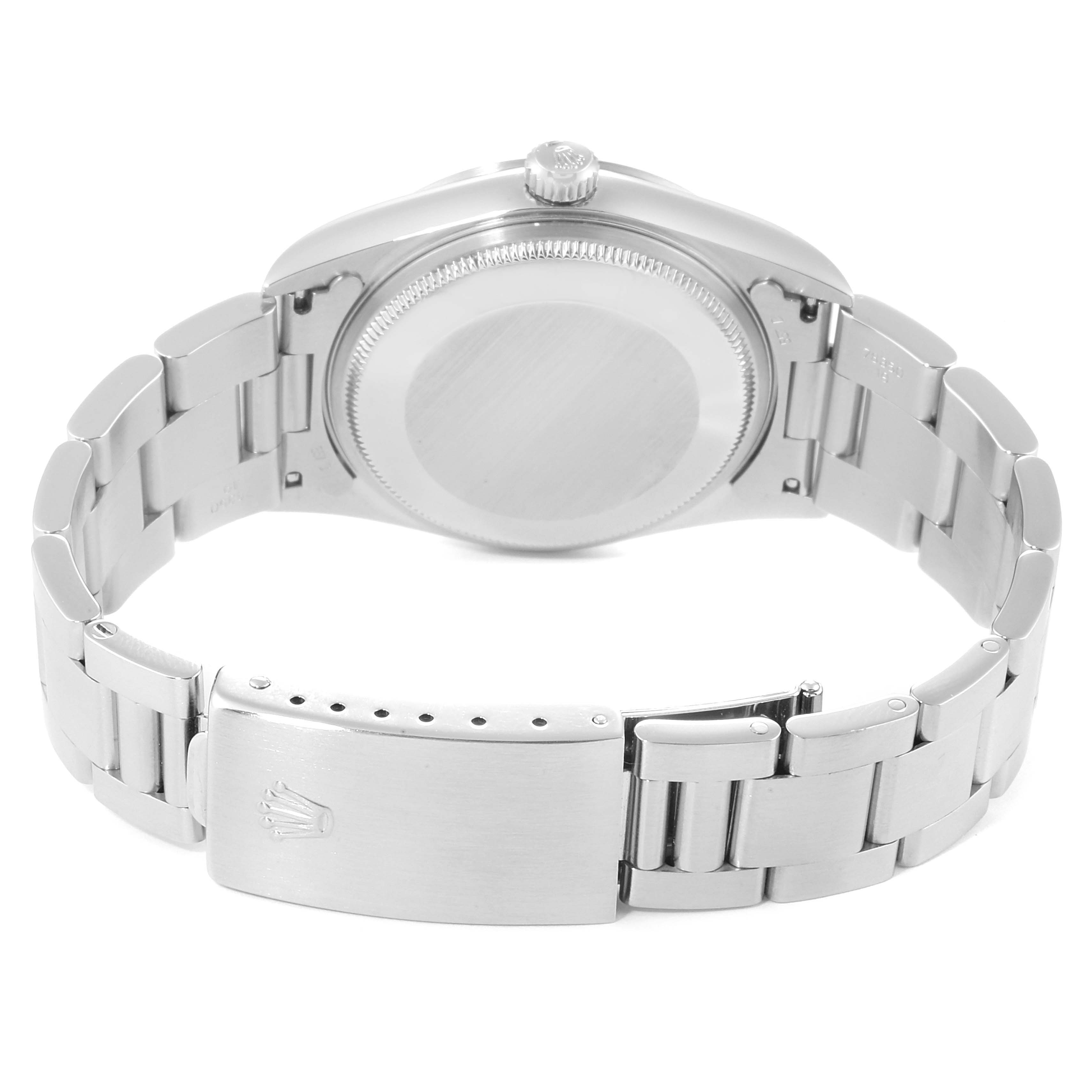 The image shows the back view of a Rolex Air-King 14000 Men's Stainless Steel Black Dial 14000 Men's Stainless Steel Black Dial watch, highlighting the stainless steel case and bracelet with the clasp visible.