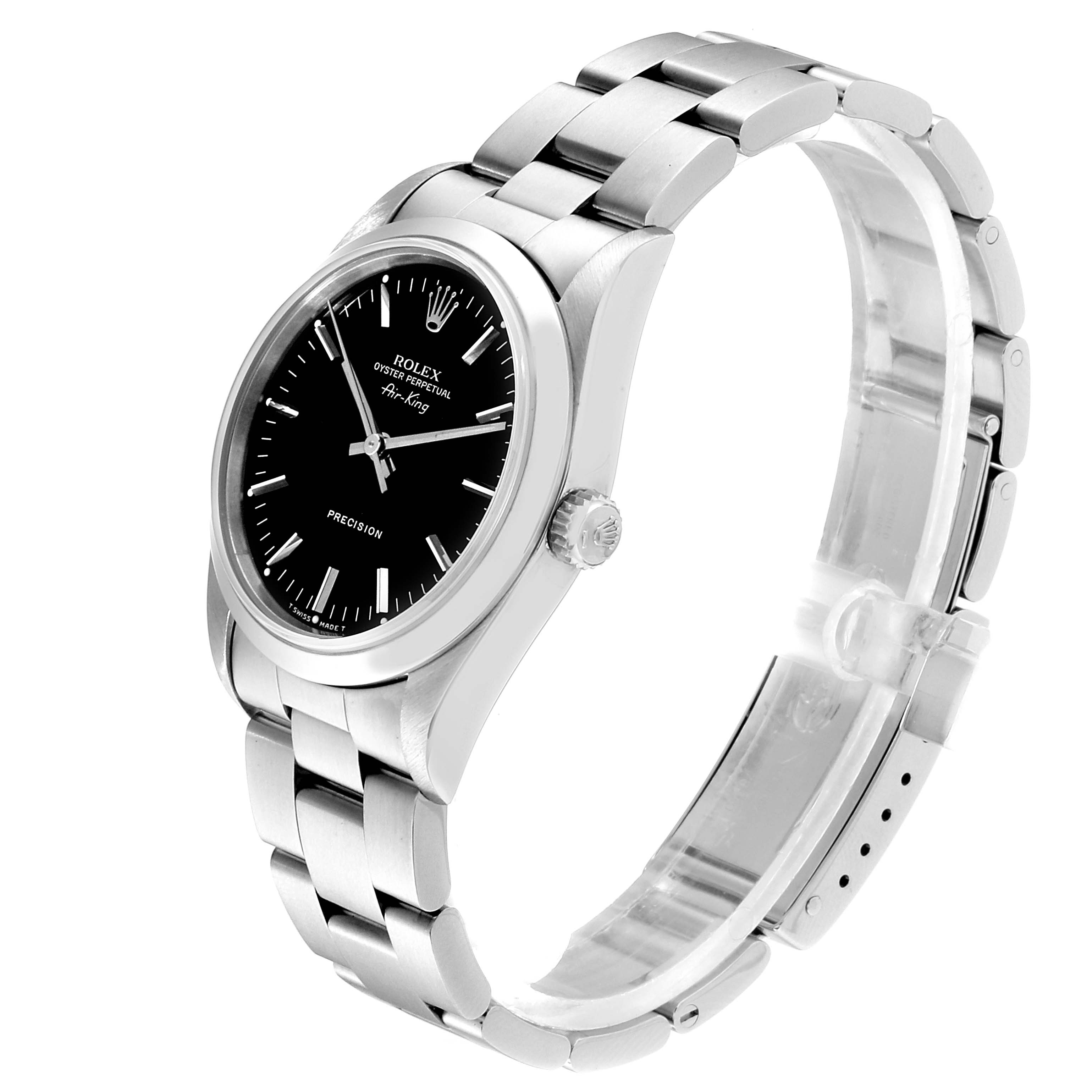 The Rolex Air-King 14000 Men's Stainless Steel Black Dial 14000 Men's Stainless Steel Black Dial watch is shown at a side angle highlighting the dial, crown, and bracelet.