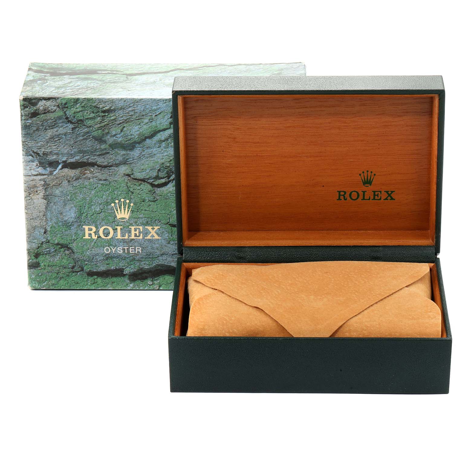 Shown at a straight-on angle is an open Rolex watch box (model: Air-King) with a tan watch pillow and the outer box.