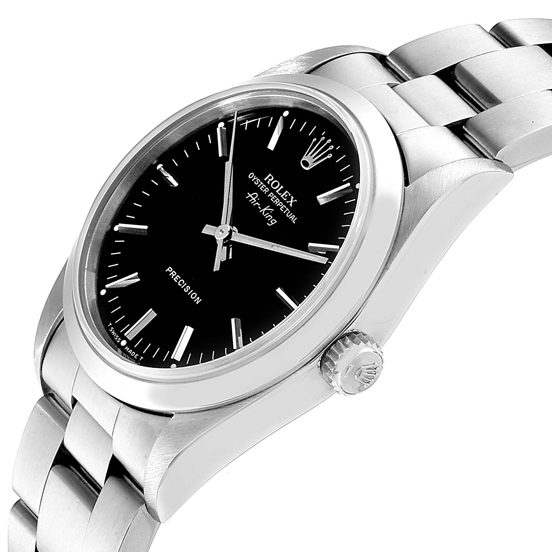 This image shows a Rolex Air-King 14000 Men's Stainless Steel Black Dial 14000 Men's Stainless Steel Black Dial watch at an angle displaying its black dial, silver hour markers, case, and part of the bracelet.