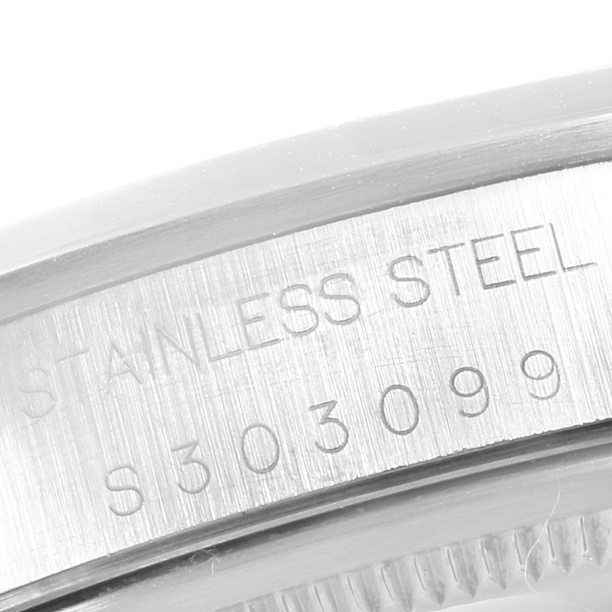 The image shows a close-up of the stainless steel casing with engravings of the Rolex Air-King 14000 Men's Stainless Steel Black Dial 14000 Men's Stainless Steel Black Dial watch.