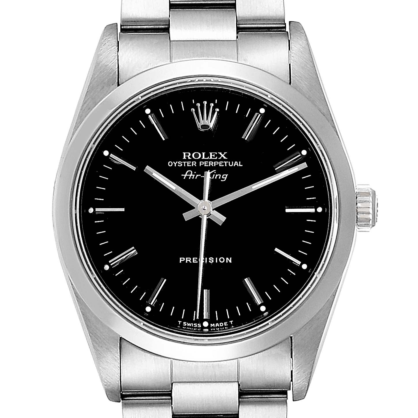 This is a front view of a Rolex Air-King 14000 Men's Stainless Steel Black Dial 14000 Men's Stainless Steel Black Dial watch, showing the dial, hands, crown, and part of the bracelet.