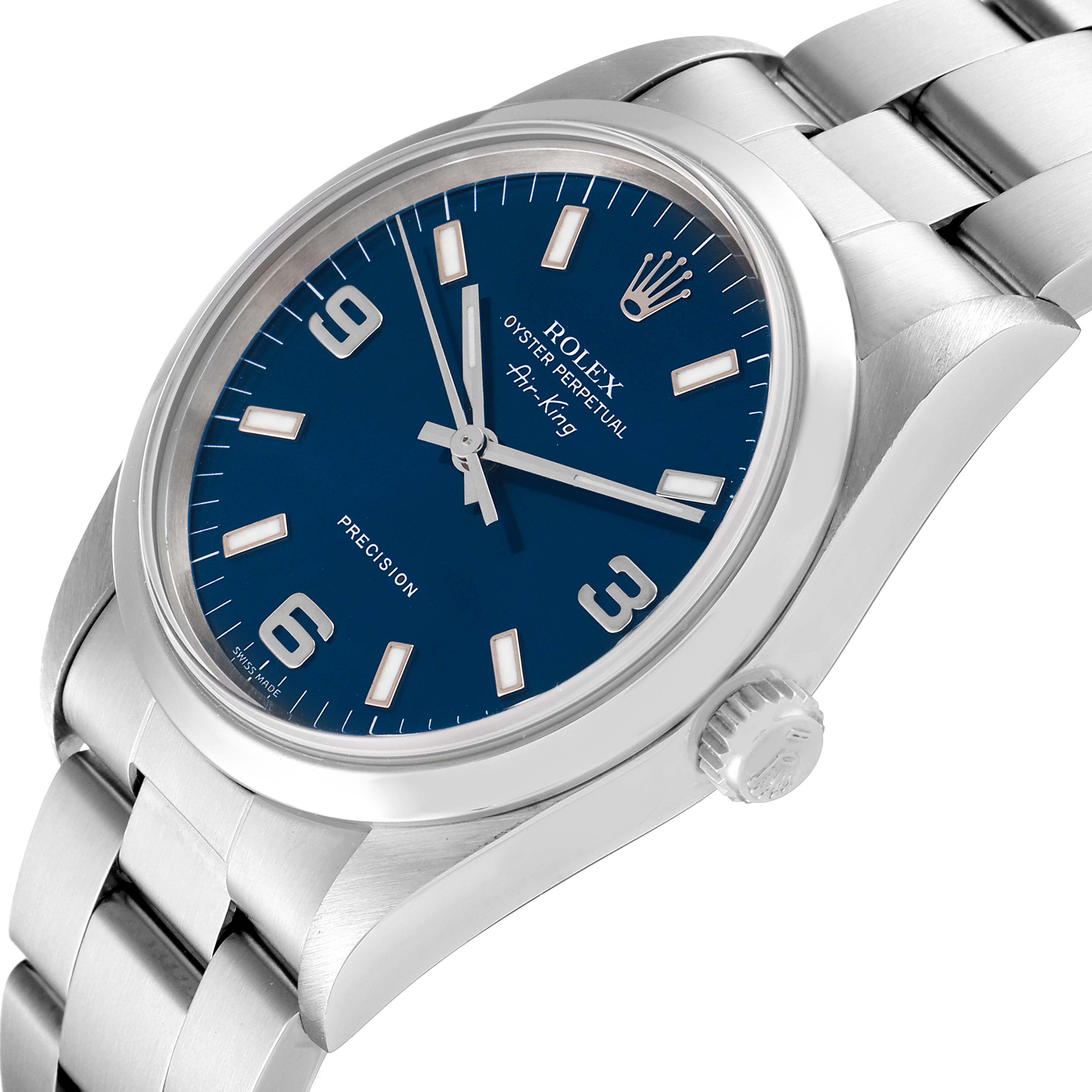 The image shows a side angle view of a Rolex Air-King 14000 Men's Stainless Steel Blue Dial 14000 Men's Stainless Steel Blue Dial watch, highlighting the dial, bezel, and part of the bracelet.