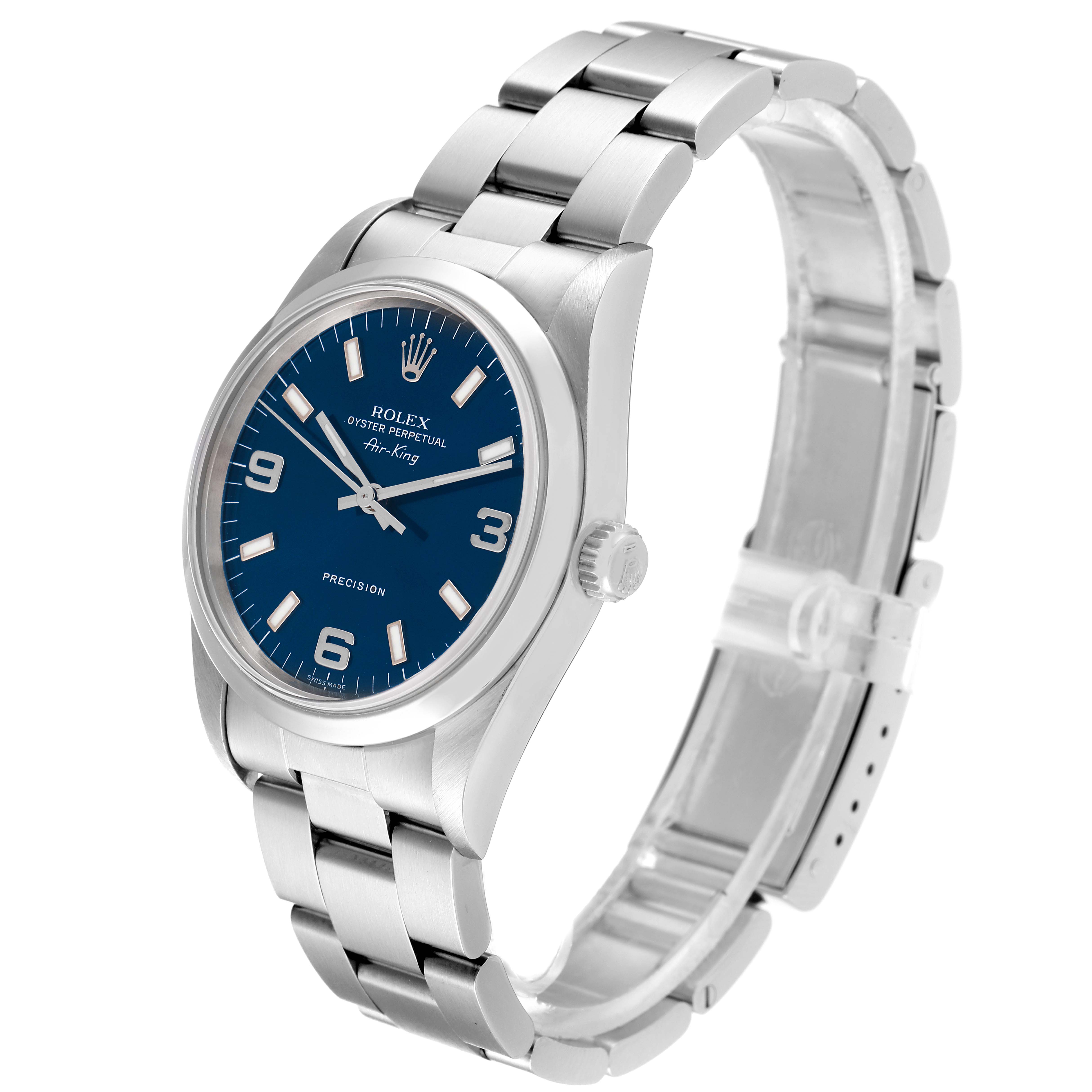 The Rolex Air-King 14000 Men's Stainless Steel Blue Dial 14000 Men's Stainless Steel Blue Dial watch is shown at a three-quarter angle, highlighting its blue dial, silver case, and metal bracelet.